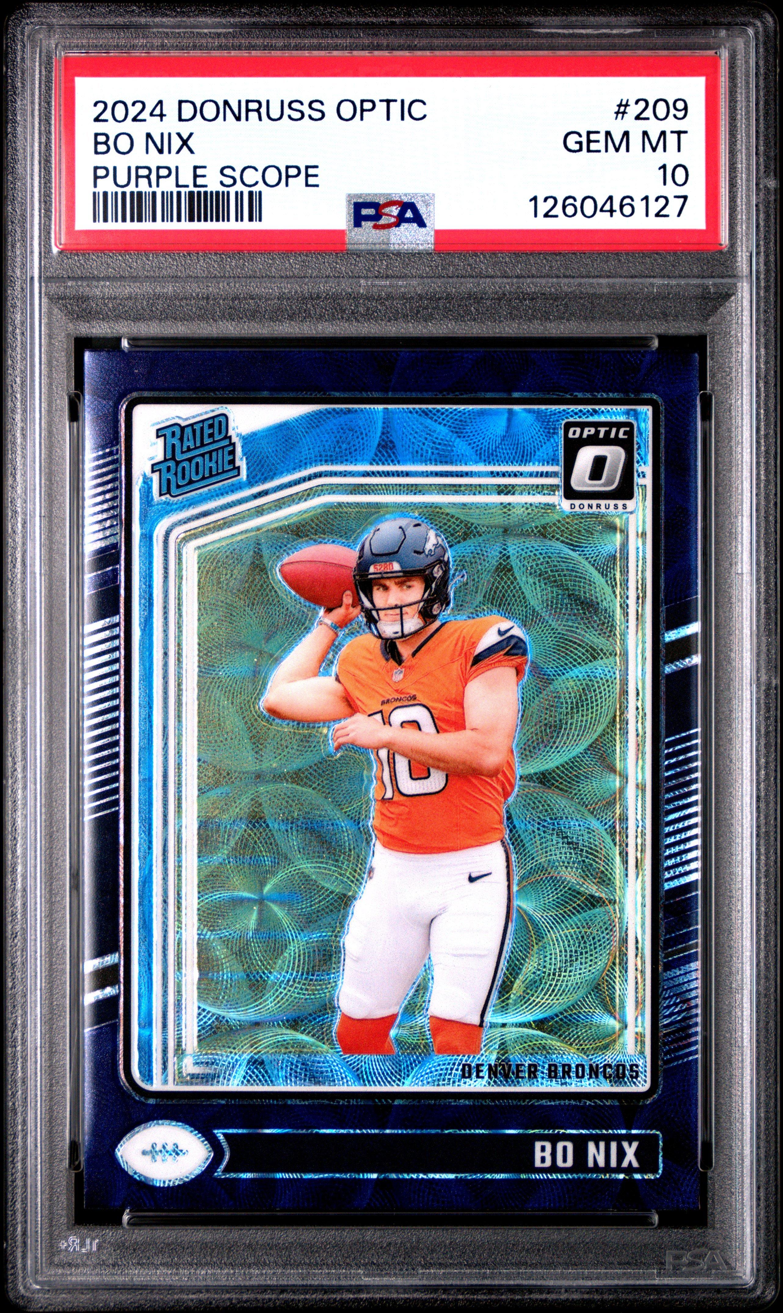 2024 Panini Donruss Optic 209 Bo Nix Purple Scope PSA 10 Graded
