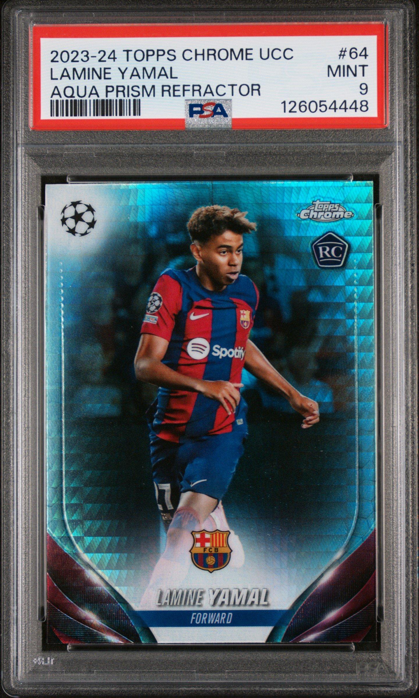 2023-24 Topps Chrome Uefa Club Competitions 64 Lamine Yamal Aqua Prism Refractor PSA
