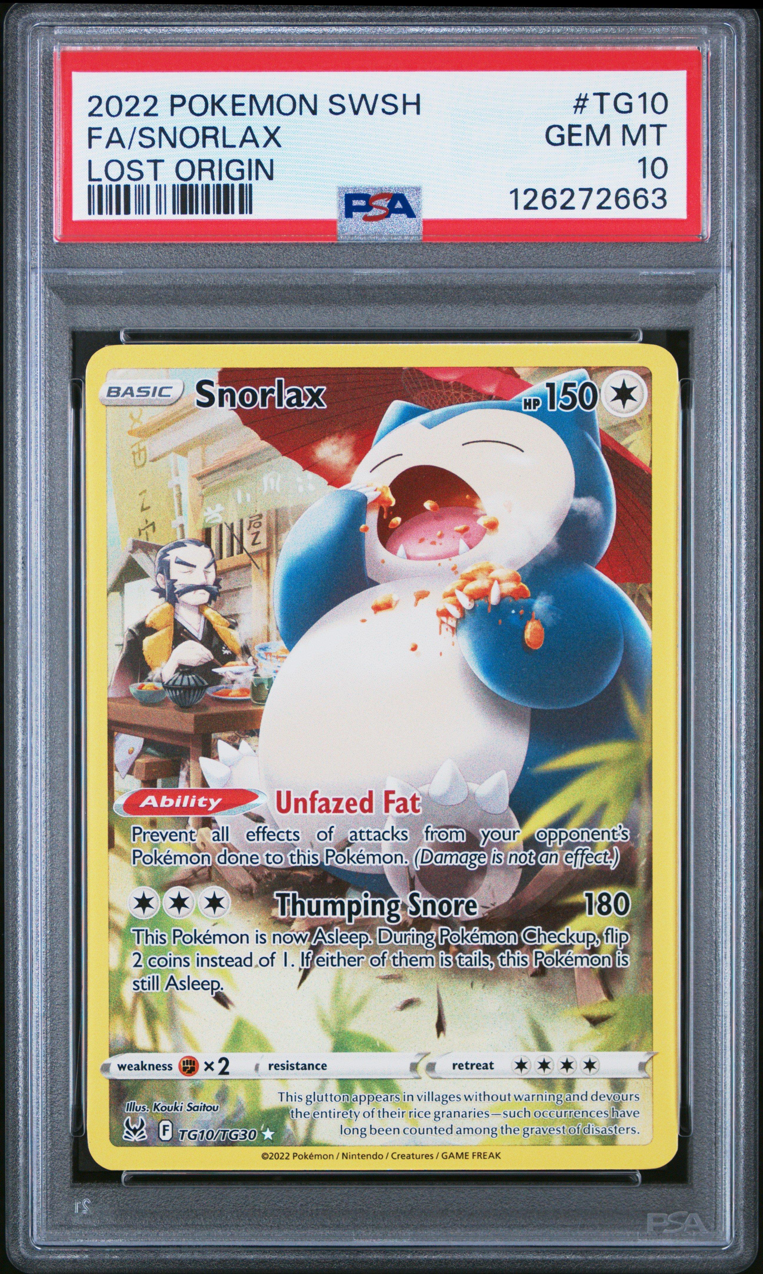 2022 Pokemon Sword & Shield Lost Origin Tg10 Full Art/snorlax PSA