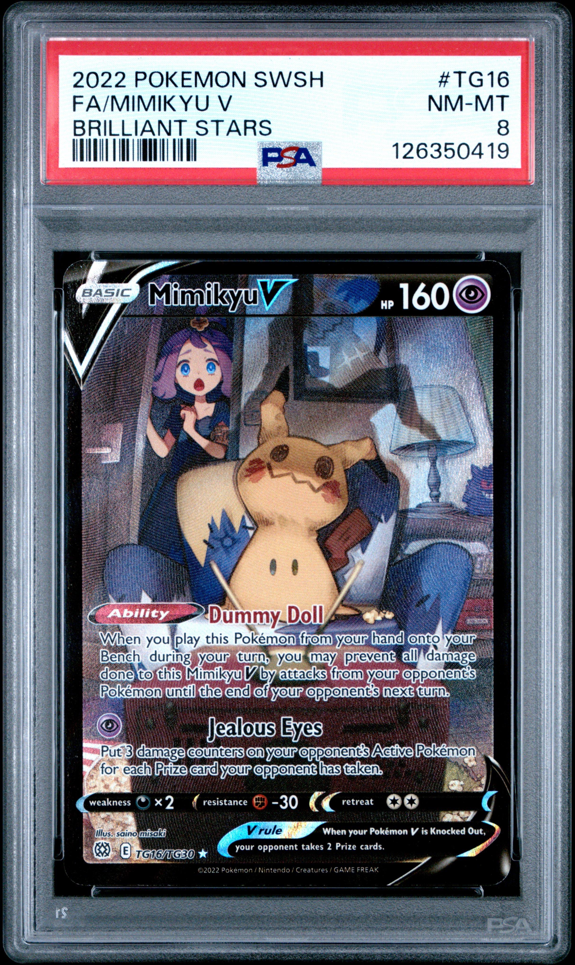 2022 Pokemon Sword & Shield Brilliant Stars Tg16 Full Art/mimikyu V PSA