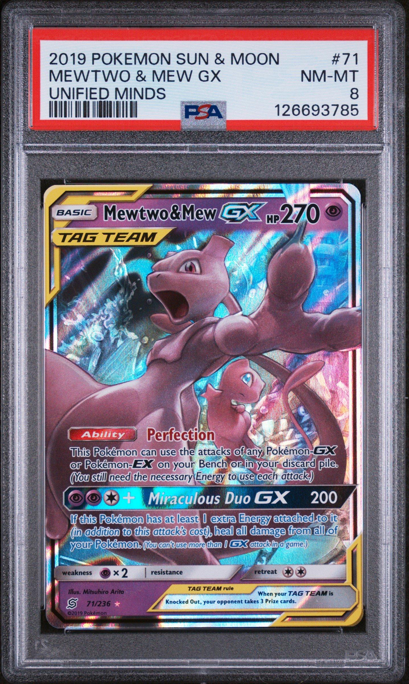 2019 Pokemon Sun & Moon Unified Minds 71 Mewtwo & Mew Gx PSA 8