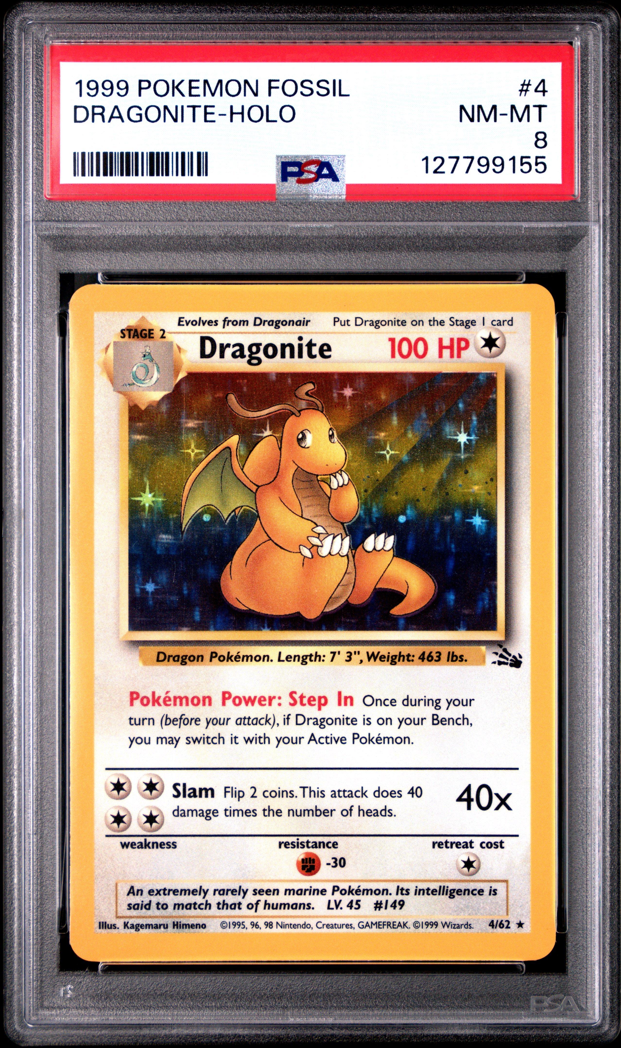dragonite holographic card 1999 Pokemon Fossil 4 Dragonite-holo PSA 8 Graded Card