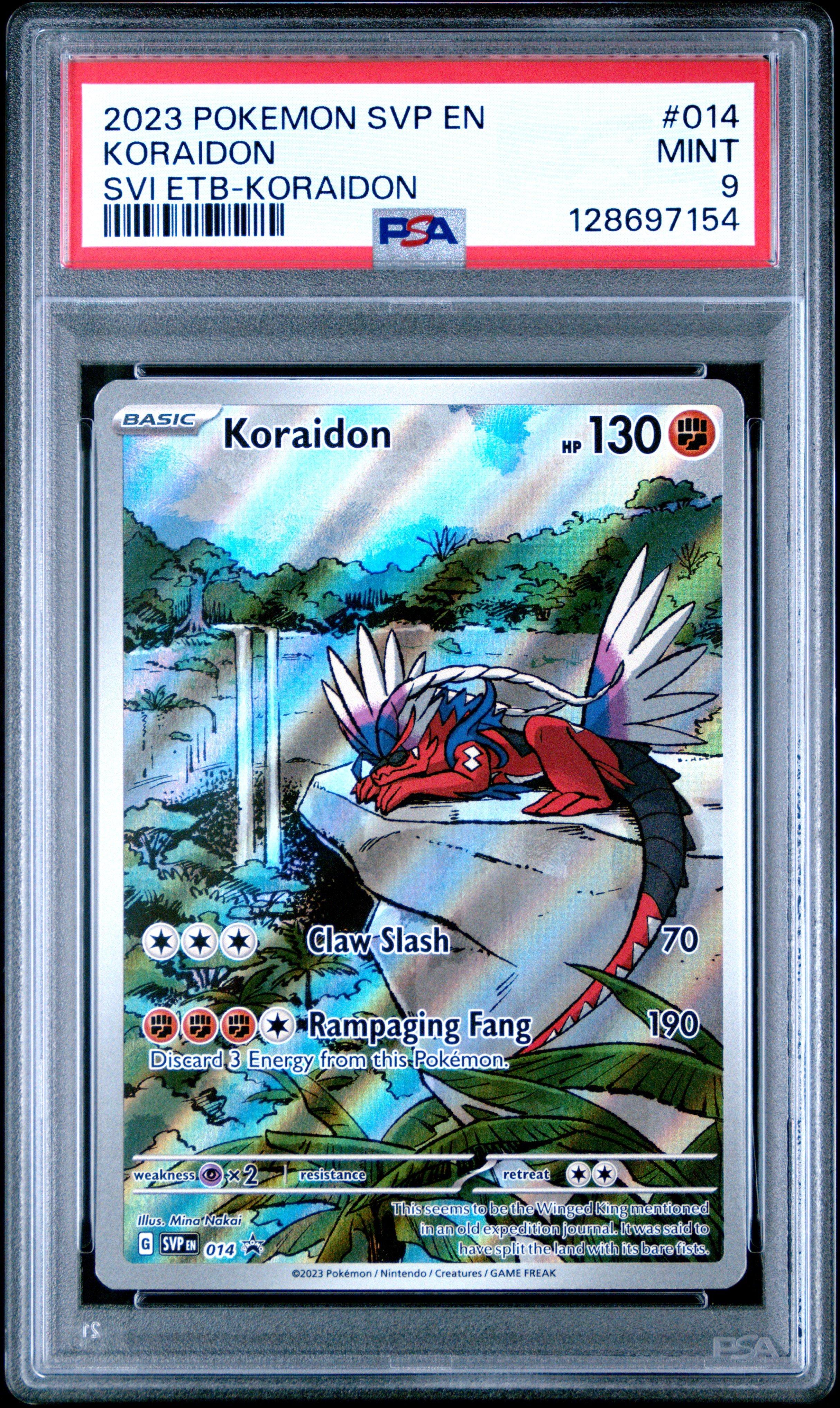koraidon pokemon card 2023 Svp En-sv Black Star Promo 014 Scarlet & Violet Elite Trainer Box-koraidon PSA 9 Graded you may attach up to 2 Basic Fighting Energy cards from your discard pile to your Basic Fighting Pokémon in any way you like Koraidon EX Alt Art Custom