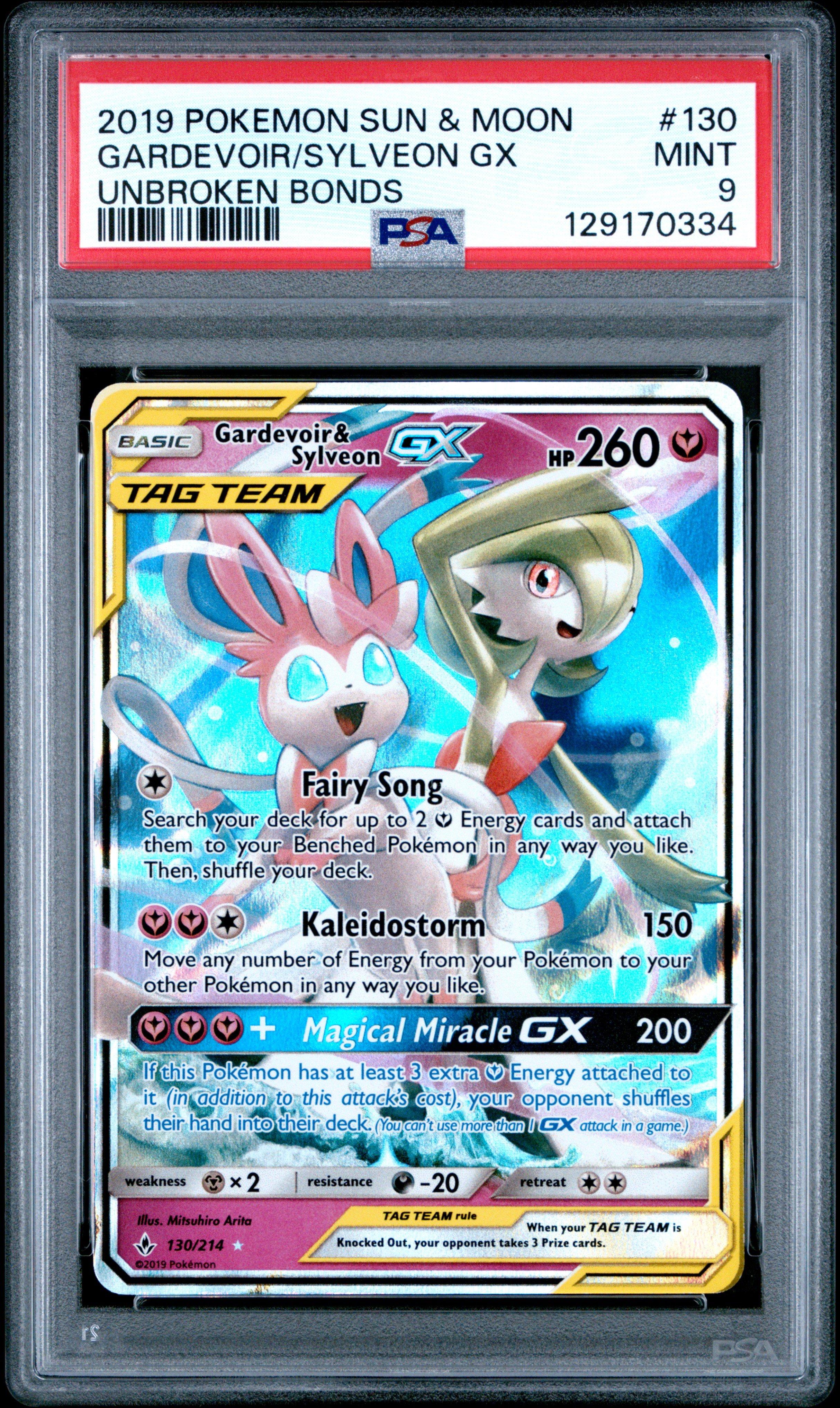 gardevoir gx pokemon card 2019 Pokemon Sun & Moon Unbroken Bonds 130 Gardevoir & Sylveon Gx PSA 9  Graded Card