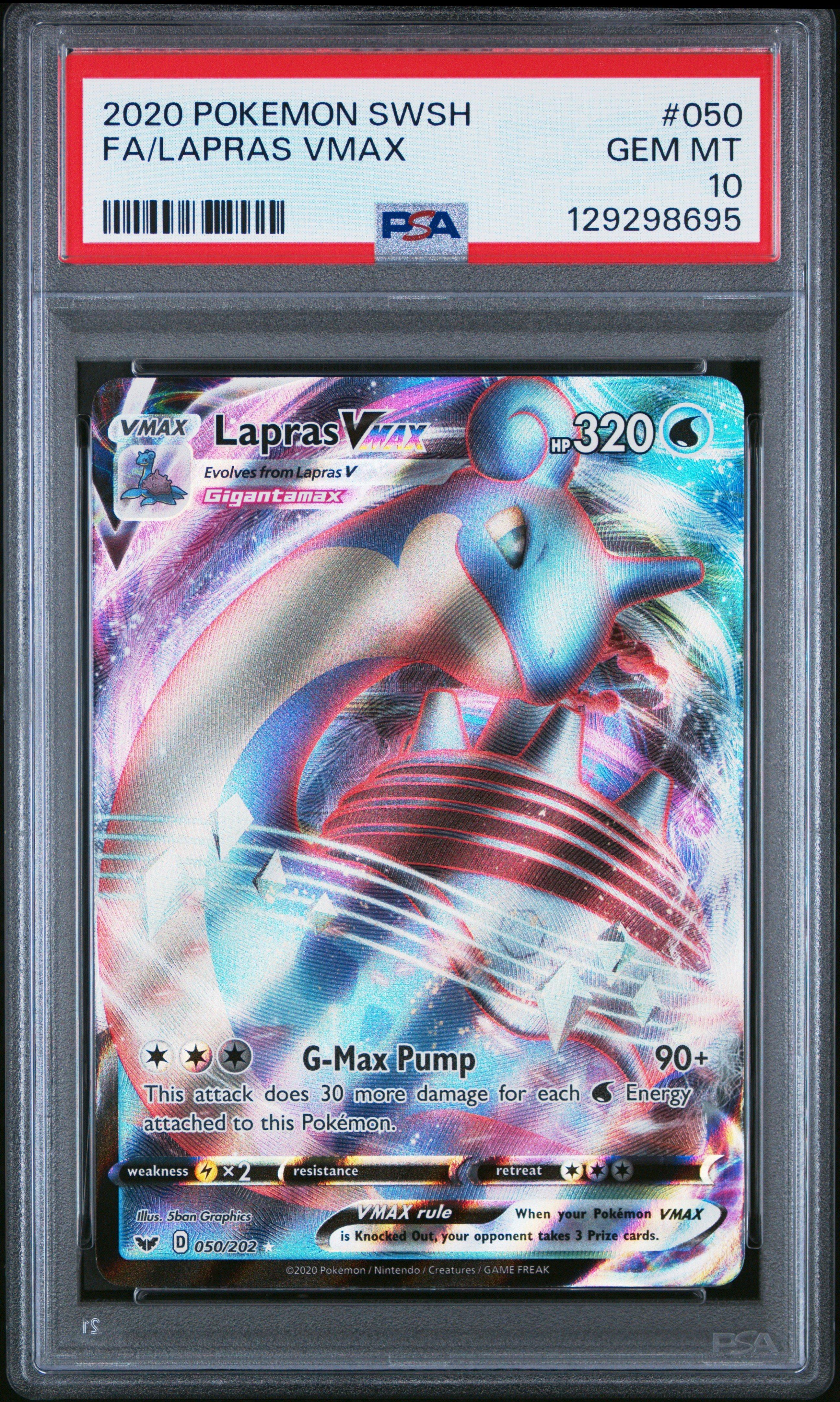 2020 Pokemon Sword & Shield 050 Full Art/lapras Vmax PSA 10 Graded