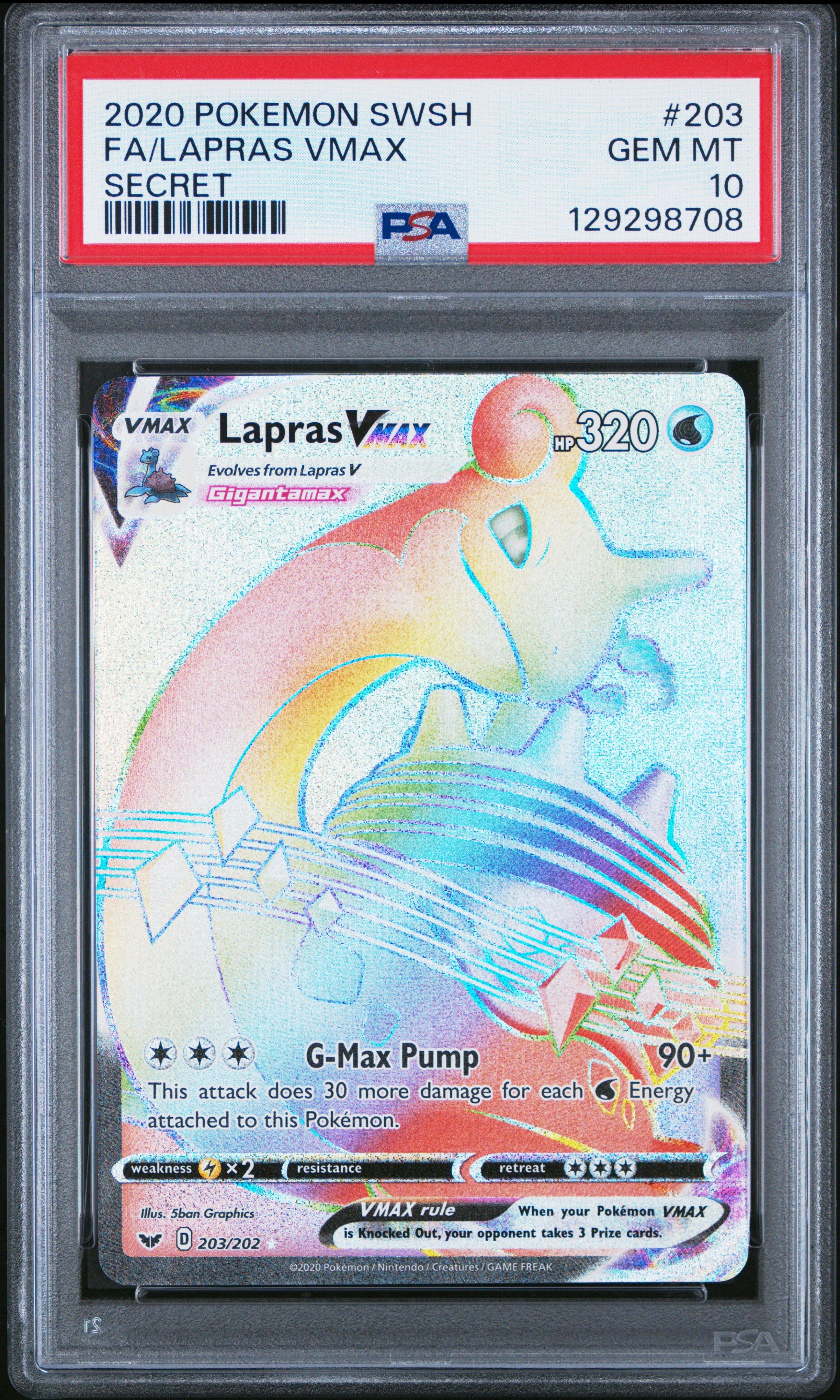 2020 Pokemon Sword & Shield 203 Full Art/lapras Vmax Secret PSA 10