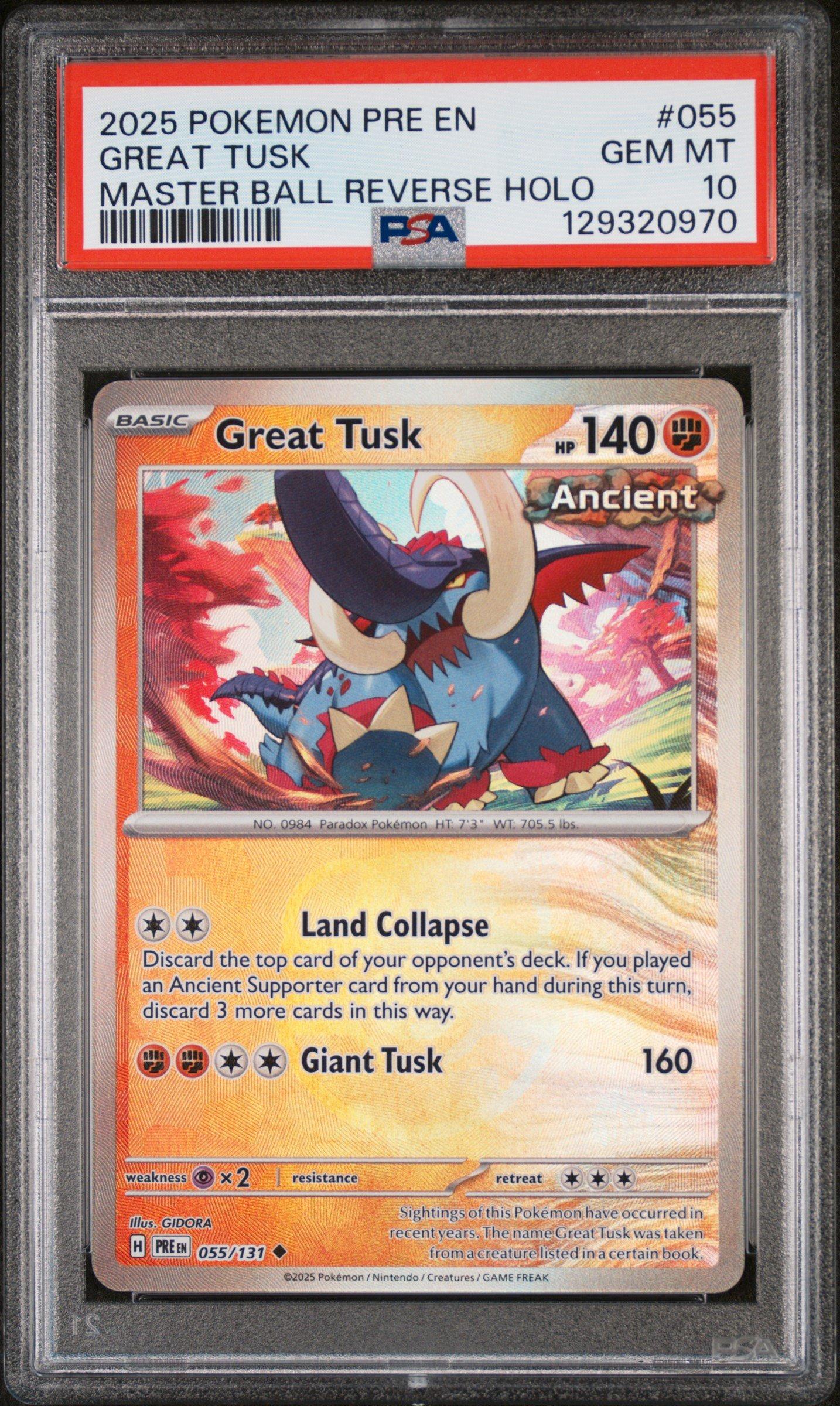2025 Pokemon Pre En-prismatic Evolutions 055 Great Tusk Master Ball Reverse Holo PSA 10