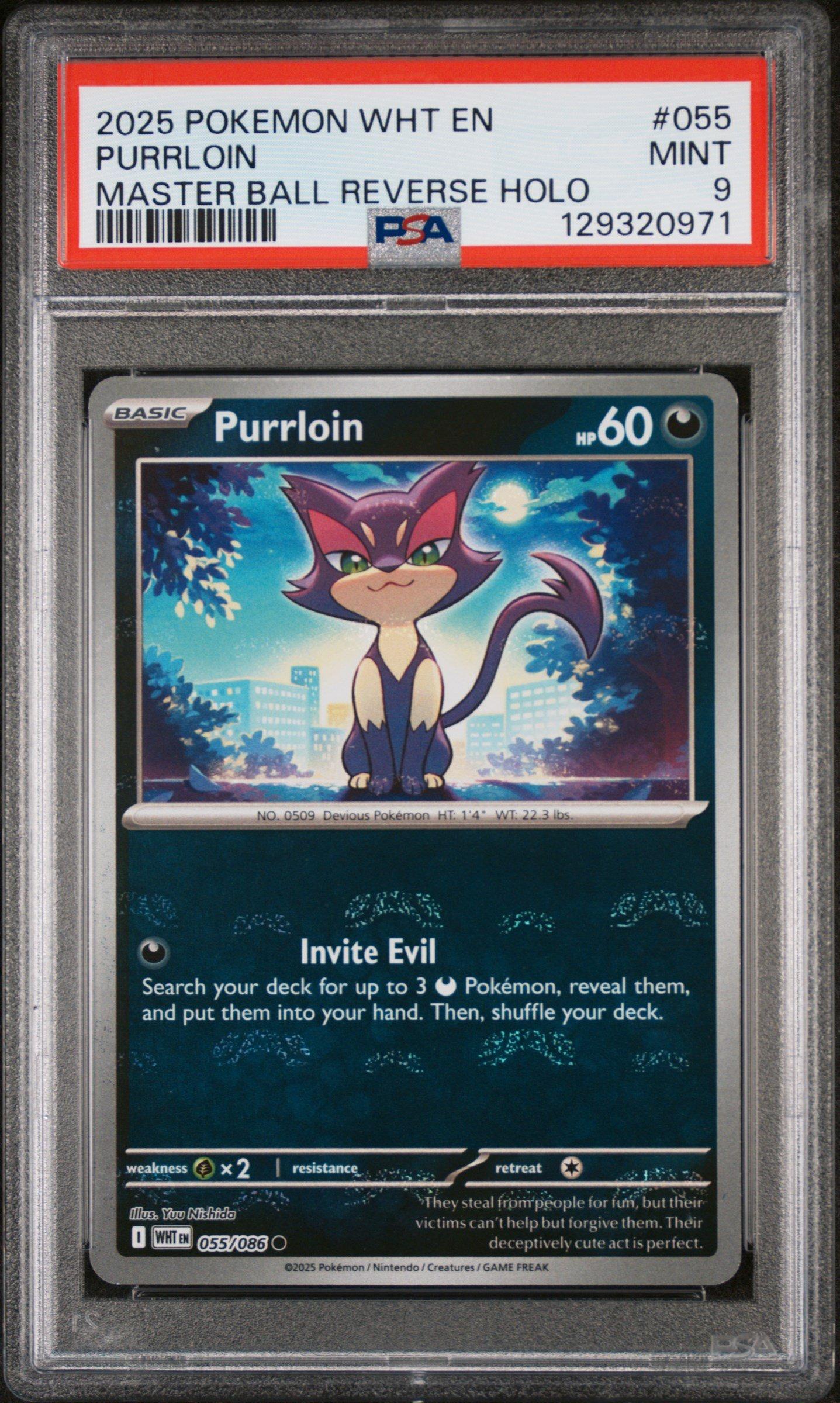 2025 Pokemon Wht En-white Flare 055 Purrloin Master Ball Reverse Holo PSA 9