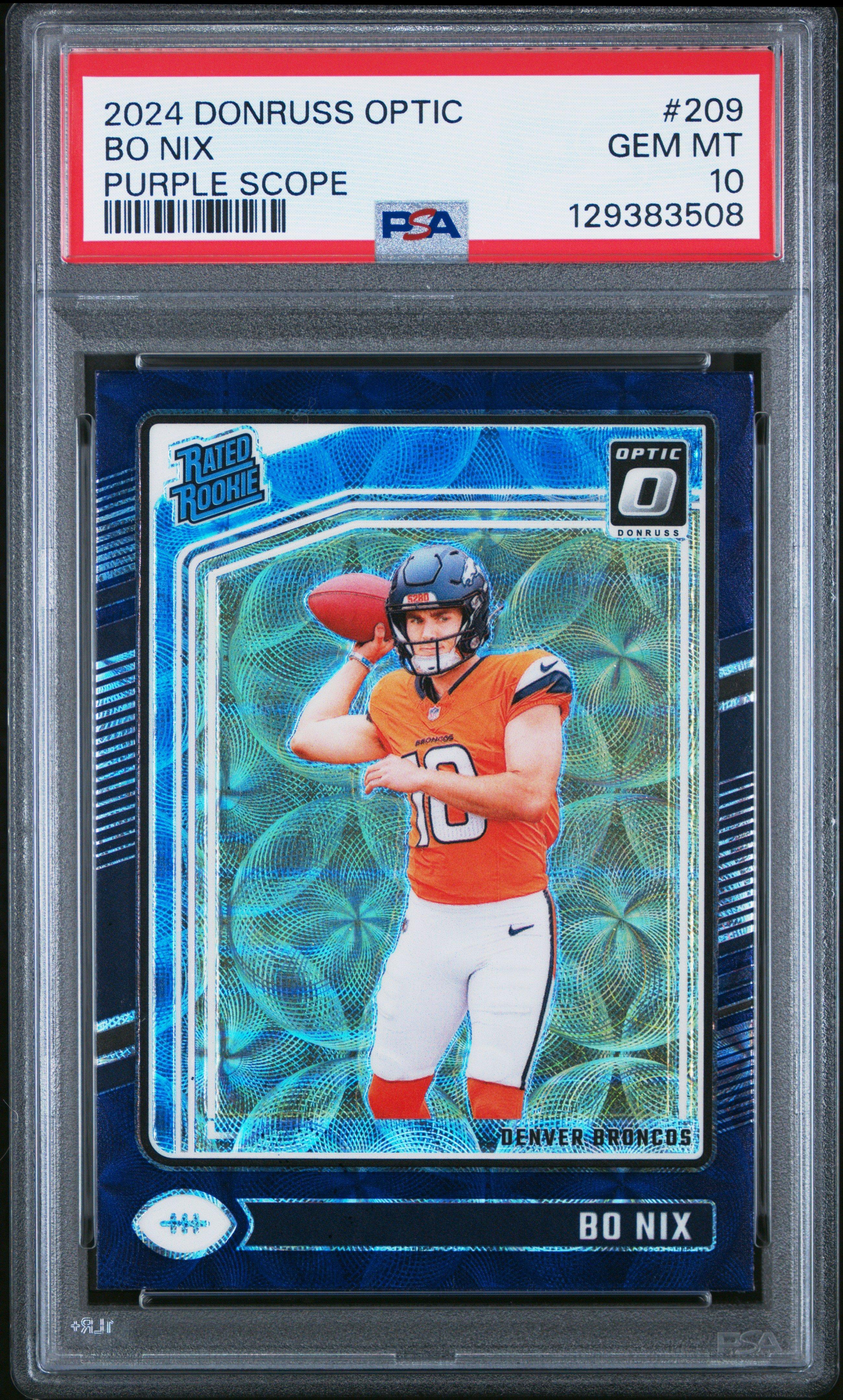2024 Panini Donruss Optic 209 Bo Nix Purple Scope PSA 10