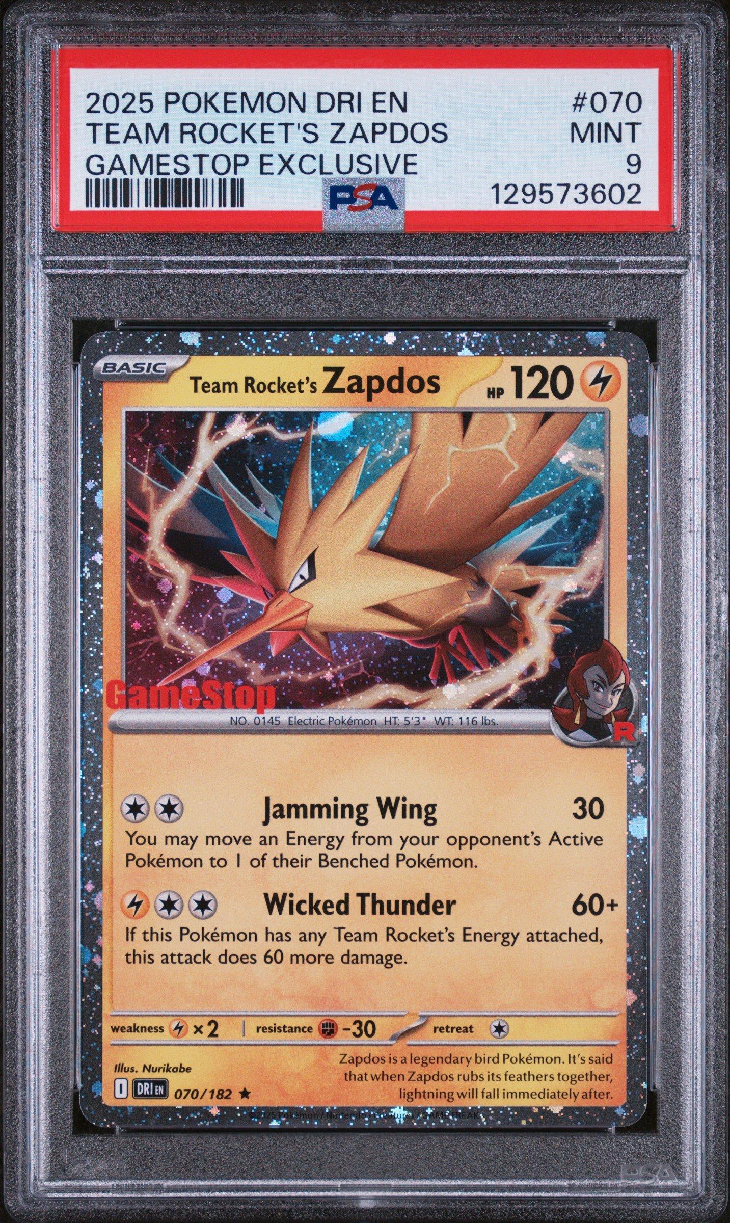 gamestop pokemon cards graded 2025 Pokemon SV Destined Rivals #070/182 Team Rocket's Zapdos Cosmos Holo PSA 9