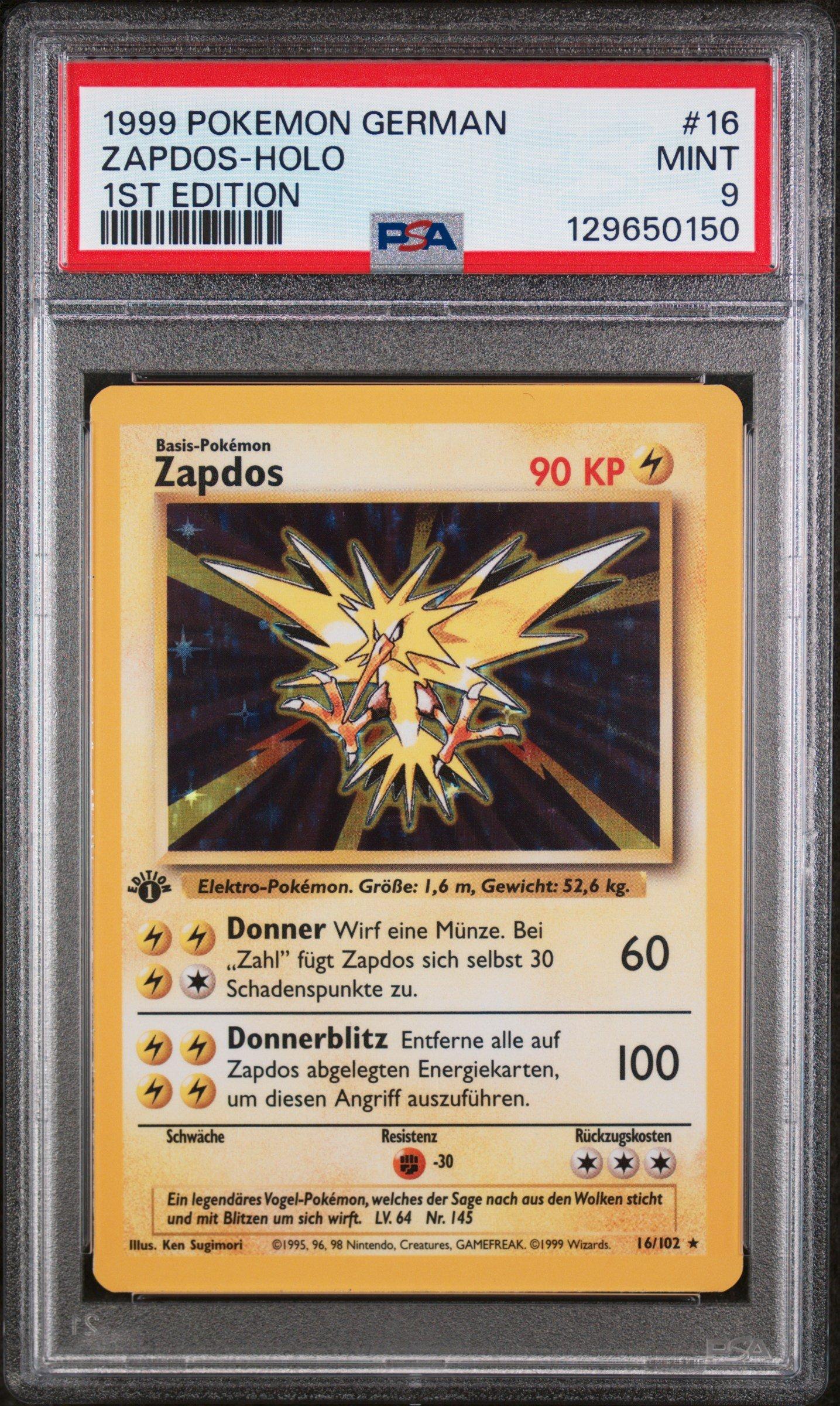 1999 Pokemon German 16 Zapdos-holo 1st Edition PSA 9 Graded Card
