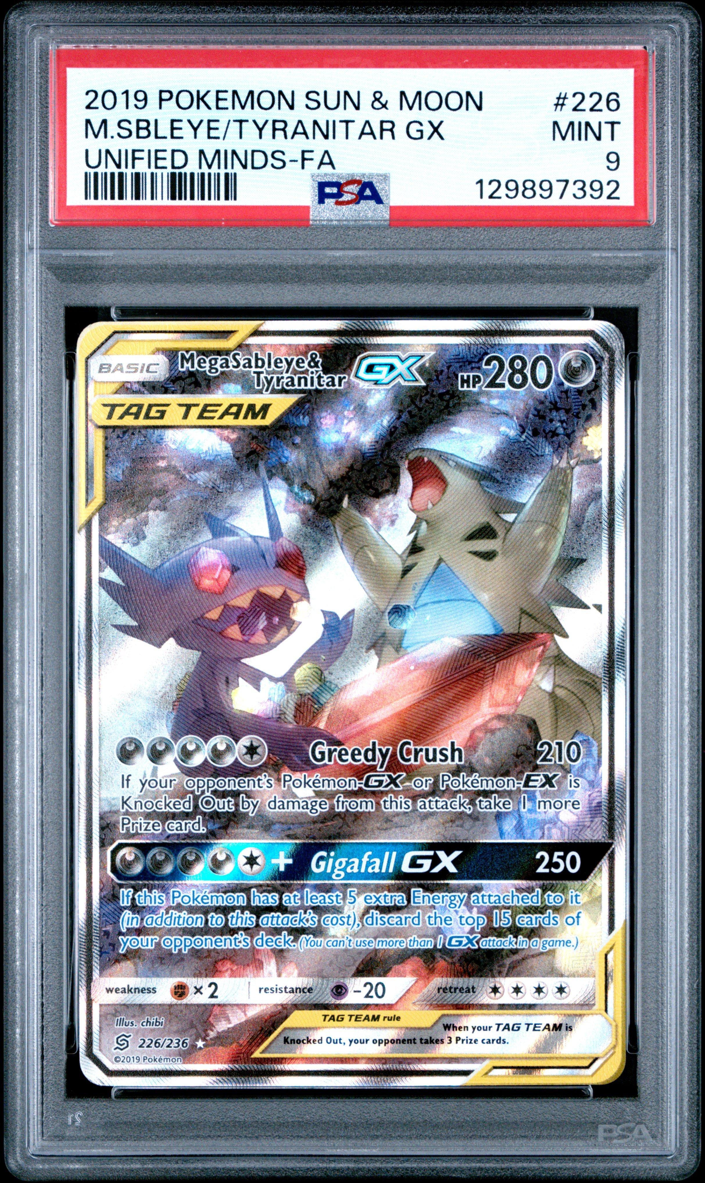 2019 Pokemon Sun & Moon Unified Minds 226 Full Art/mega Sableye & Tyranitar Gx PSA 9