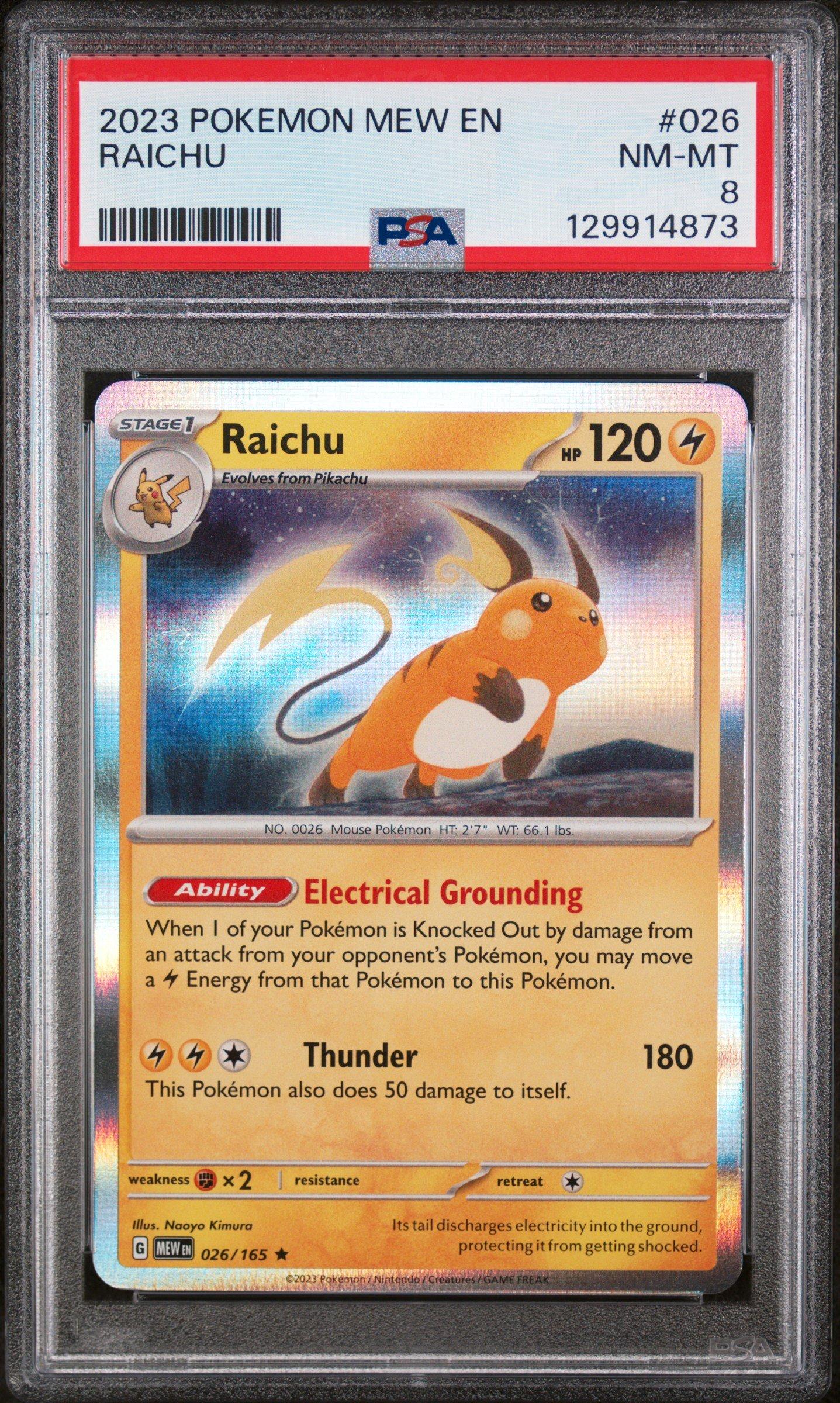 raichu pokemon card value 2023 2023 Pokemon Mew En-151 026 Raichu PSA 8 Graded Card