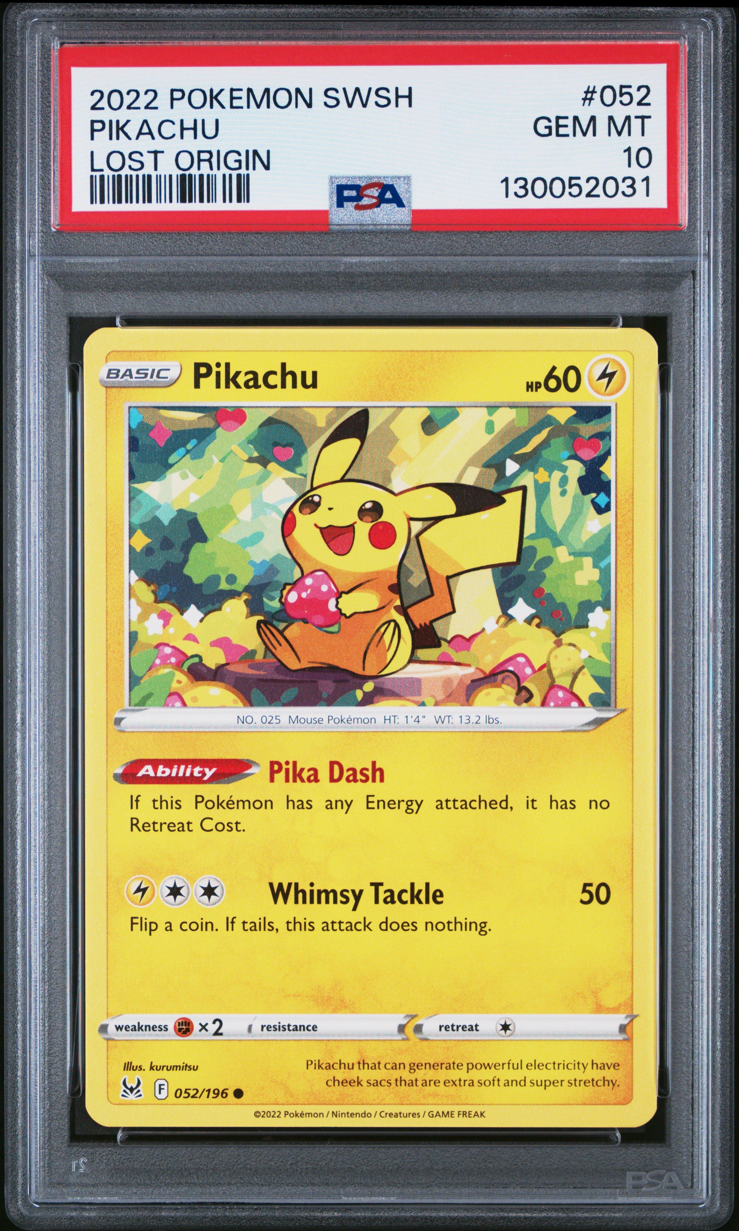 2022 Pokemon Sword & Shield Lost Origin 052 Pikachu PSA 10 Graded