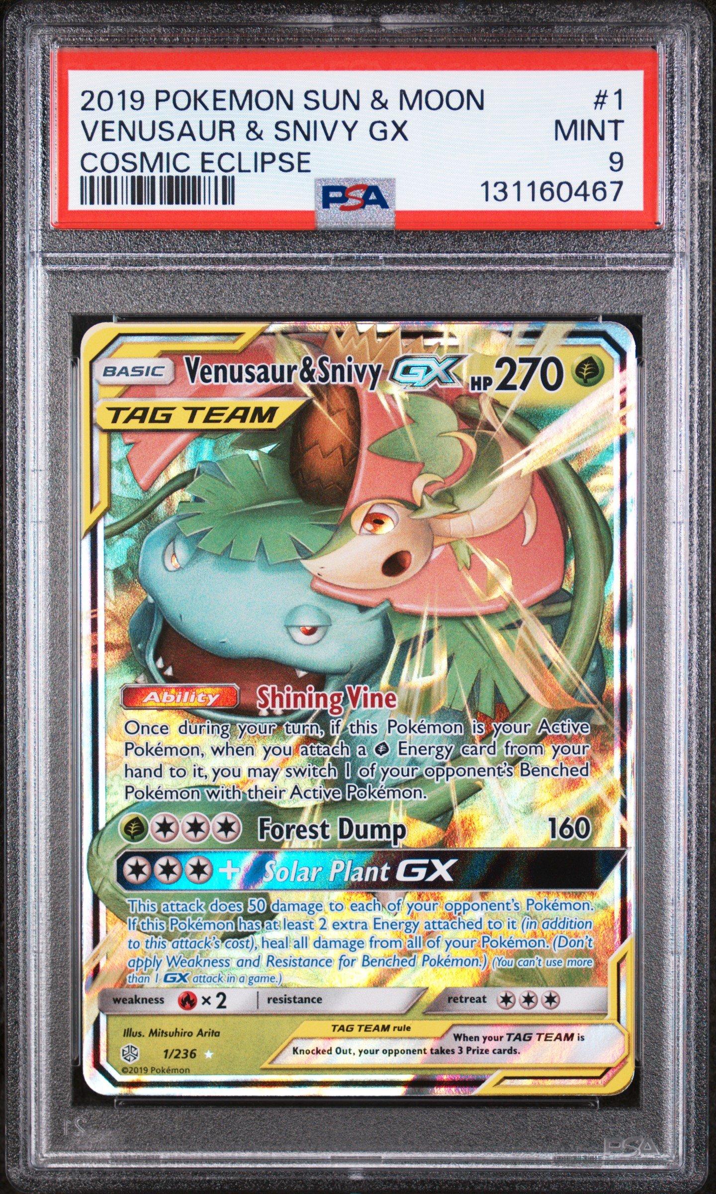 2019 Pokemon Sun & Moon Cosmic Eclipse 1 Venusaur & Snivy Gx PSA 9