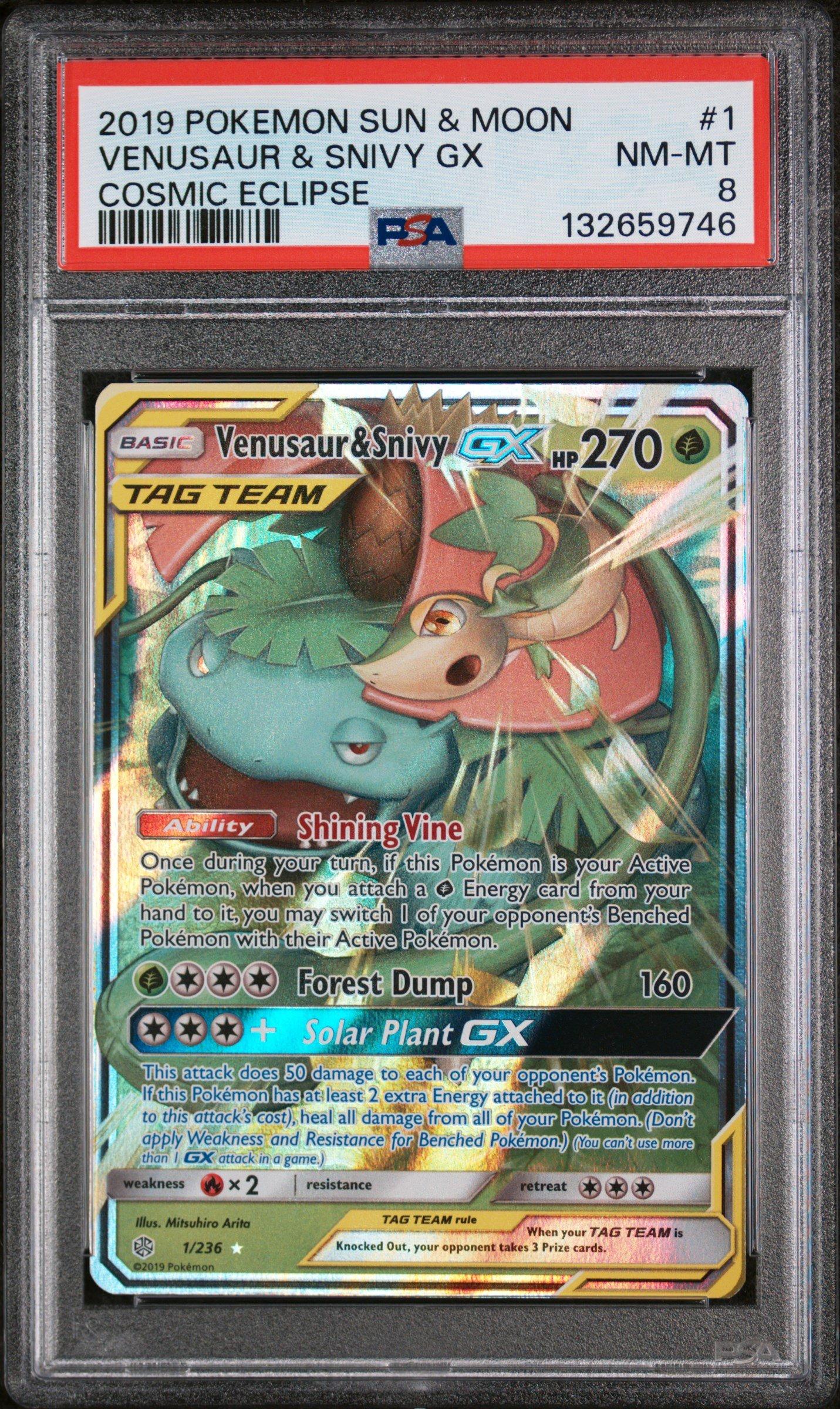 2019 Pokemon Sun & Moon Cosmic Eclipse 1 Venusaur & Snivy Gx PSA 8