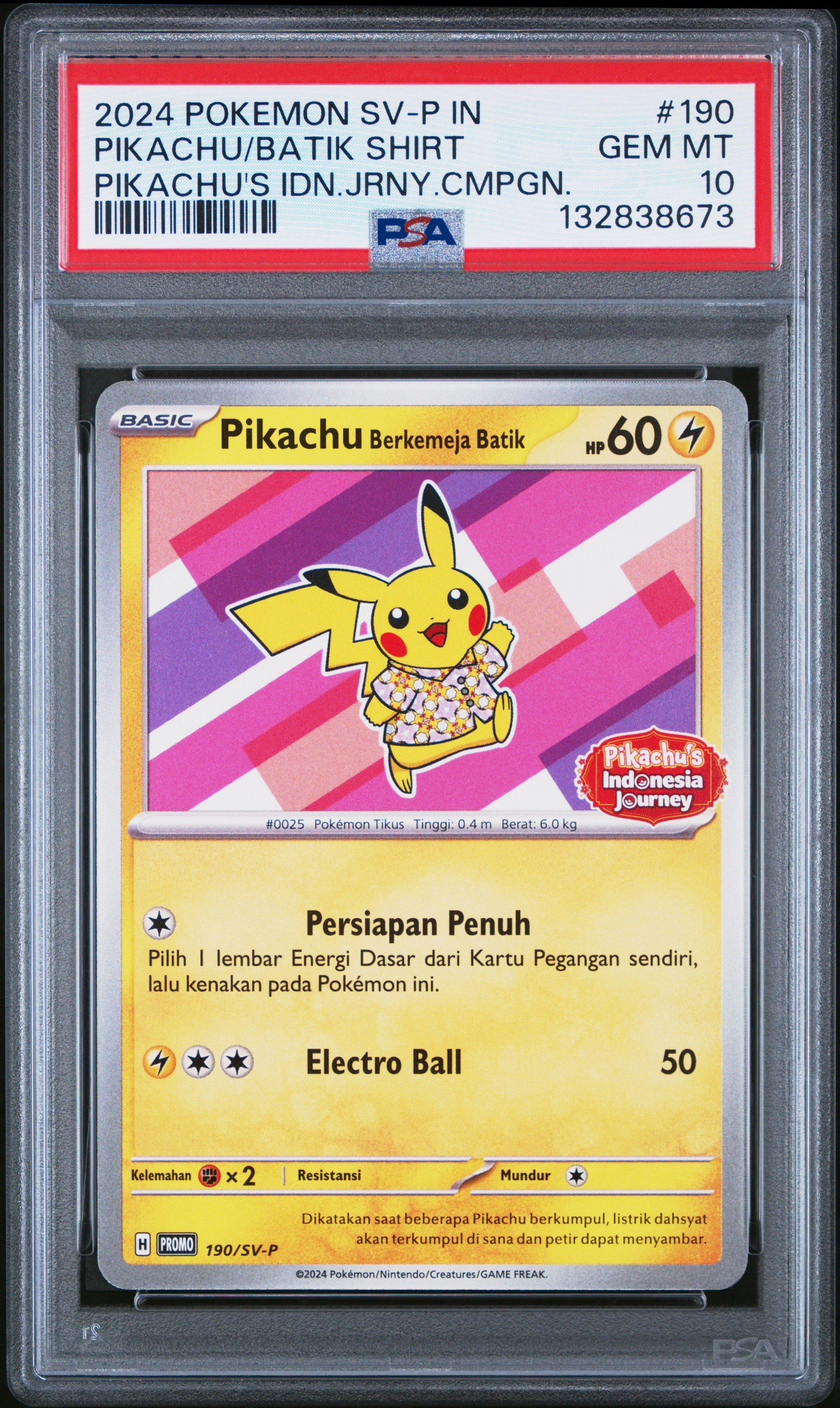 PSA10 ピカチュウ インドネシア PROMO 190/SV-P 2024 Pokemon Indonesian Sv-p Promo 190 Pikachu In Batik Shirt