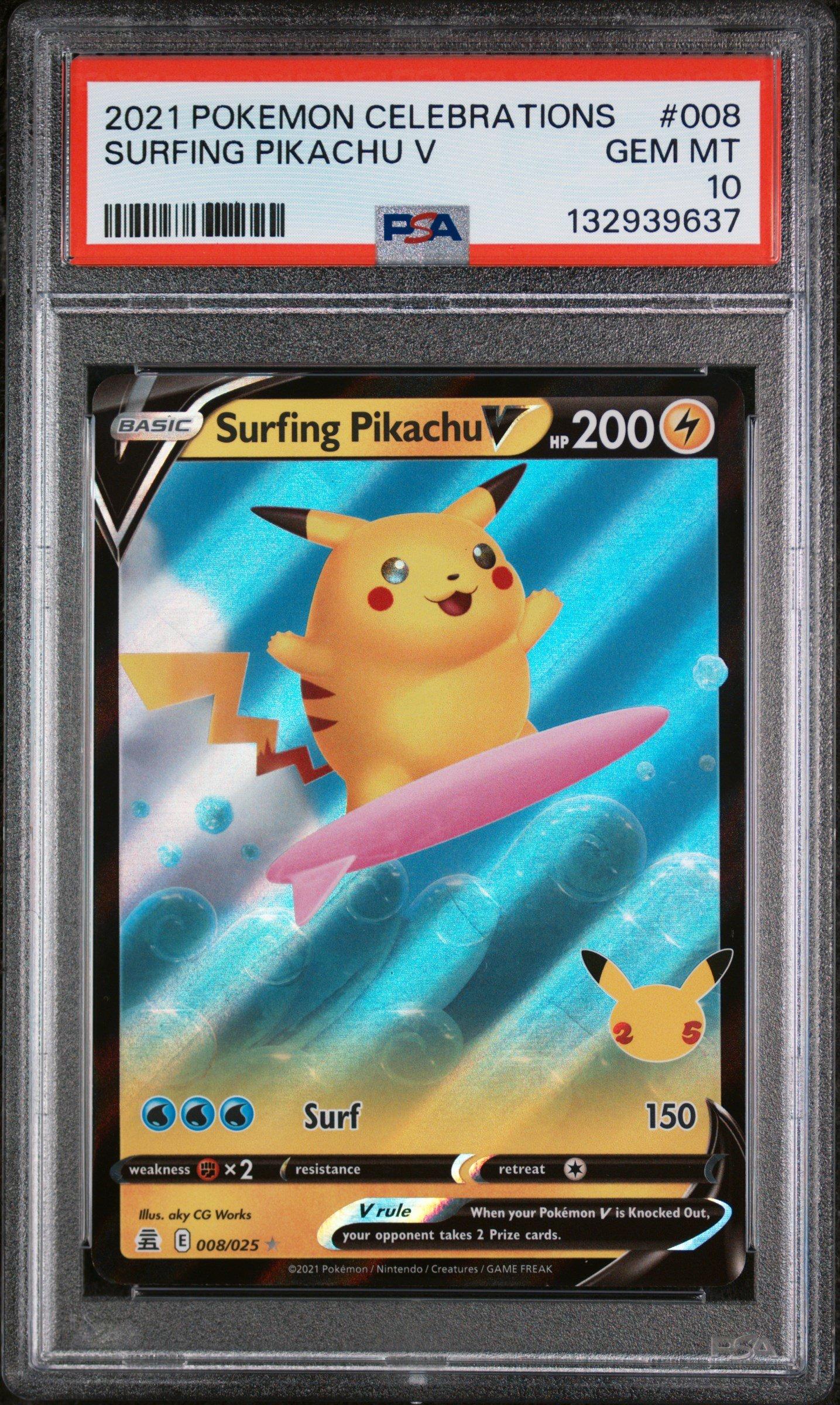 2021 Pokemon Celebrations 008 Surfing Pikachu V PSA 10 Graded Card