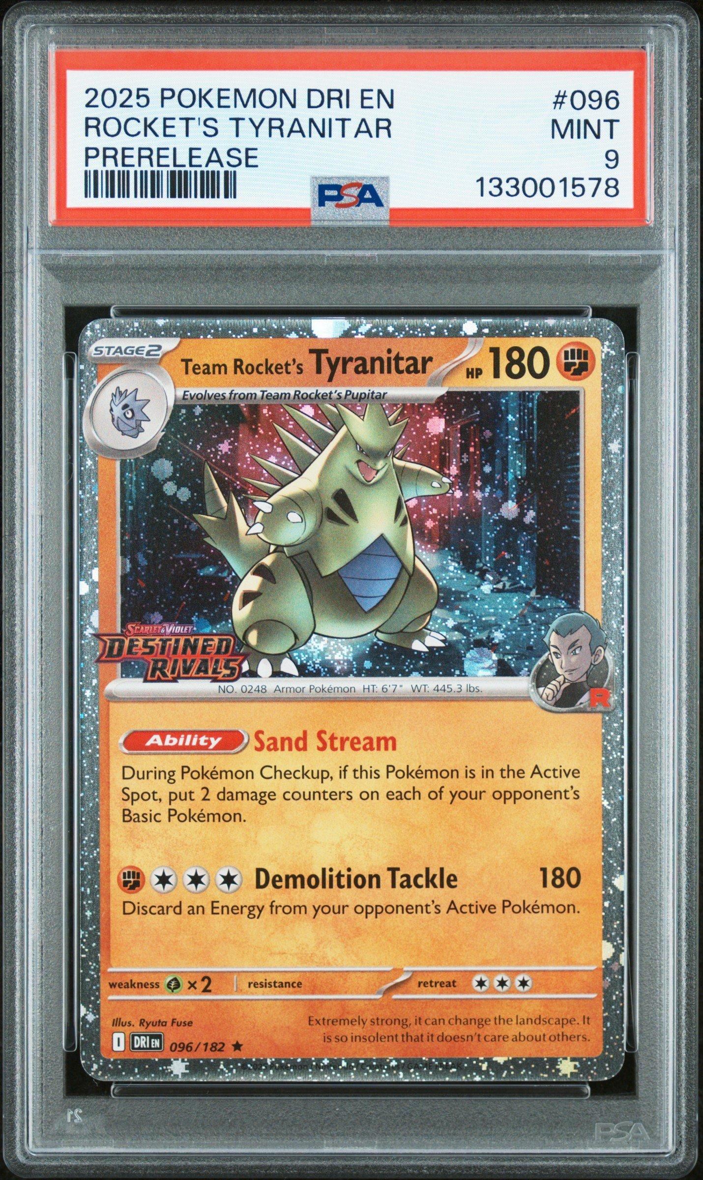 2025 Pokemon Dri En-destined Rivals 096 Team Rocket's Tyranitar Prerelease  PSA 9