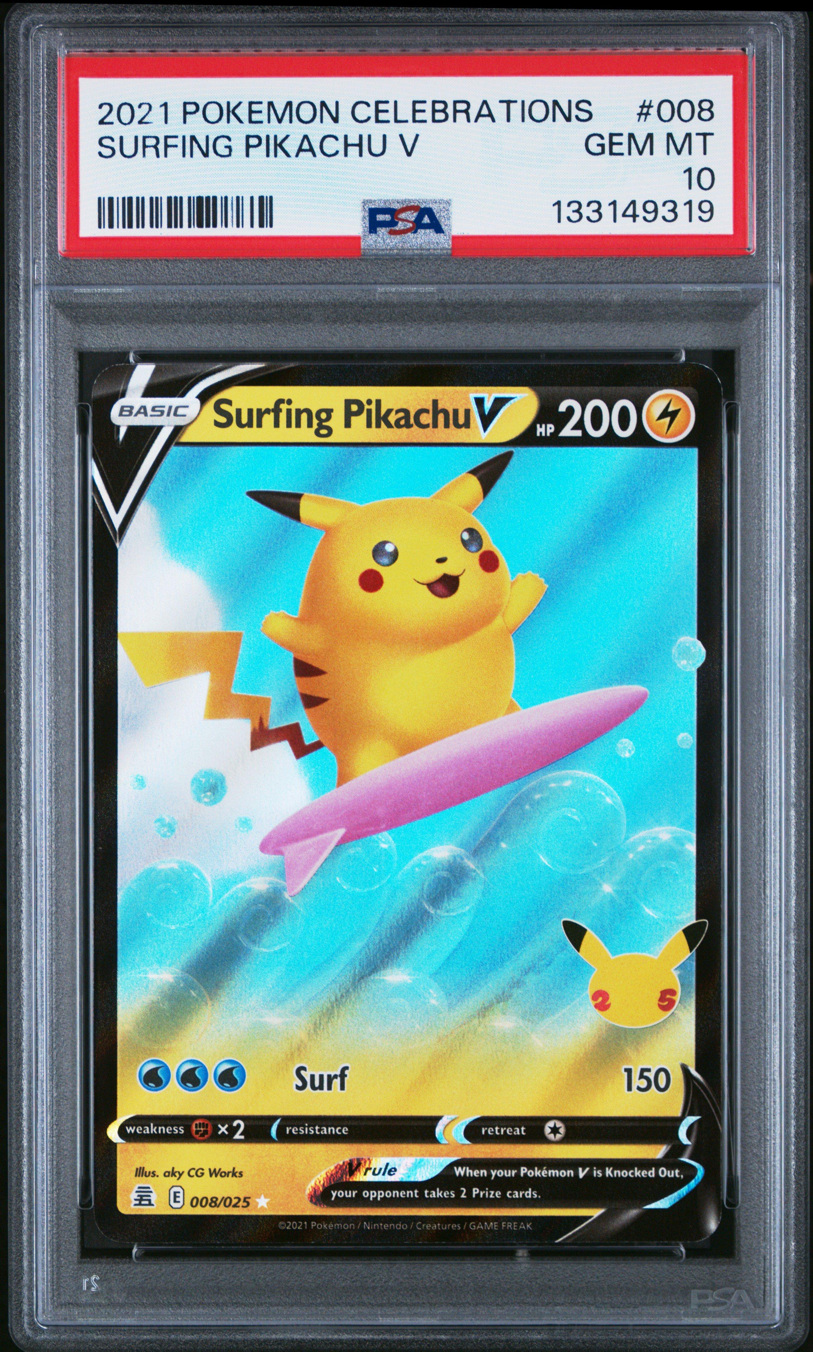 2021 Pokemon Celebrations 008 Surfing Pikachu V PSA 10 Graded Card