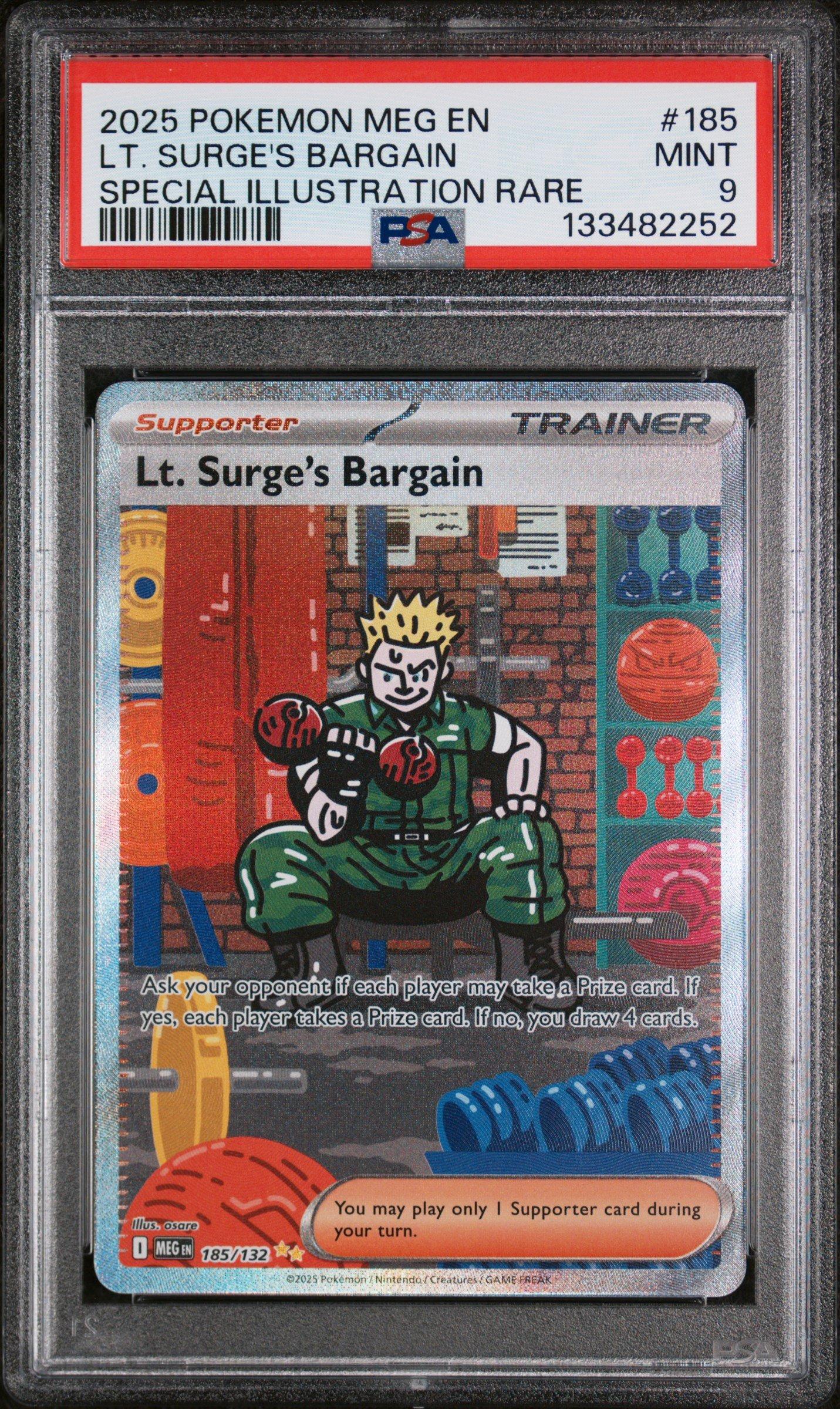 2025 Pokemon Meg En-mega Evolution 185 Lt. Surge's Bargain Special Illustration Rare PSA