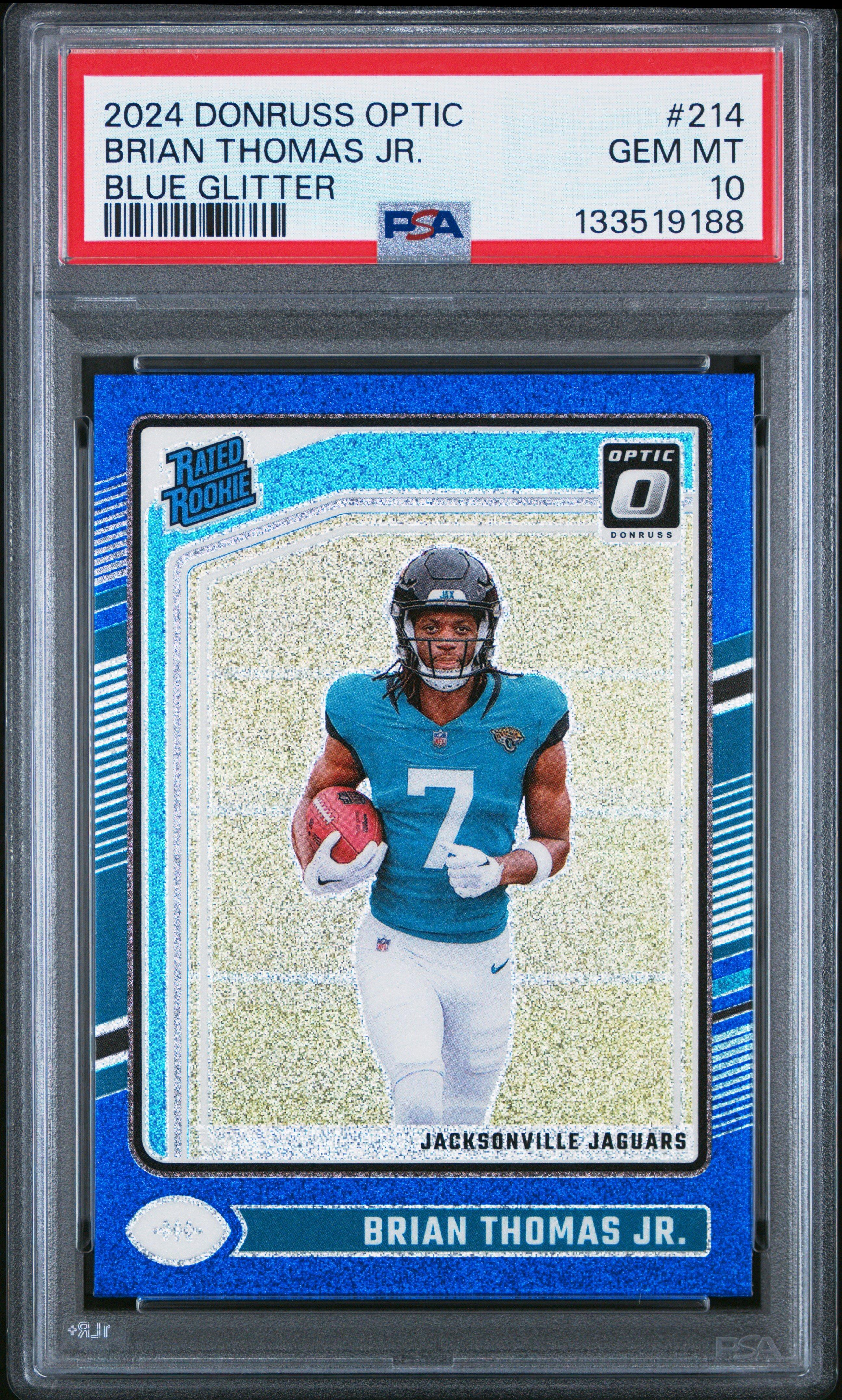 2024 Panini Donruss Optic 214 Brian Thomas Jr. Blue Glitter PSA 10