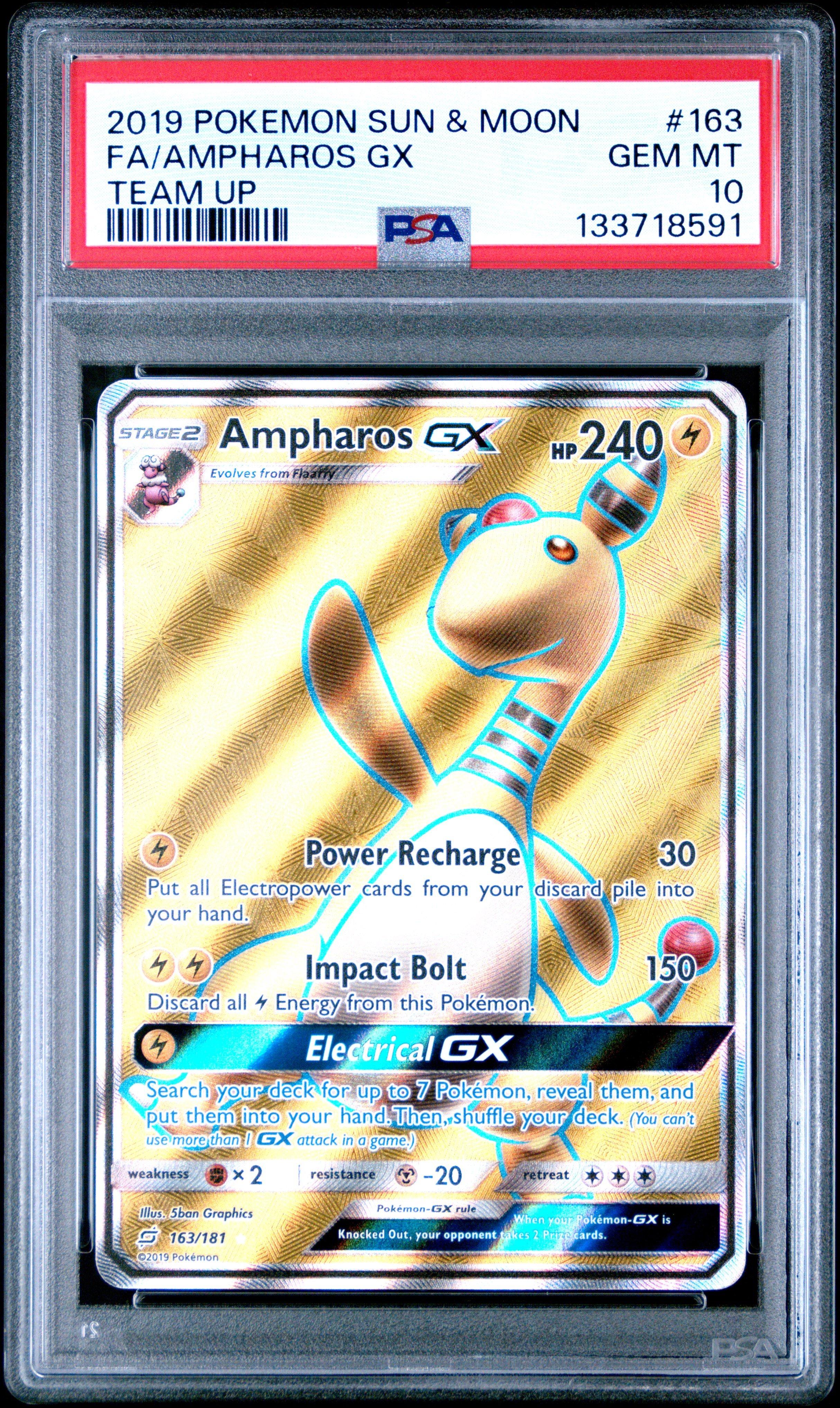 pokemon ampharos card 2019 Sun & Moon Team Up 163 Full Art/ampharos Gx PSA 10 Graded Evolves from Flaaffy Type Mega Ampharos ex - Pokémon