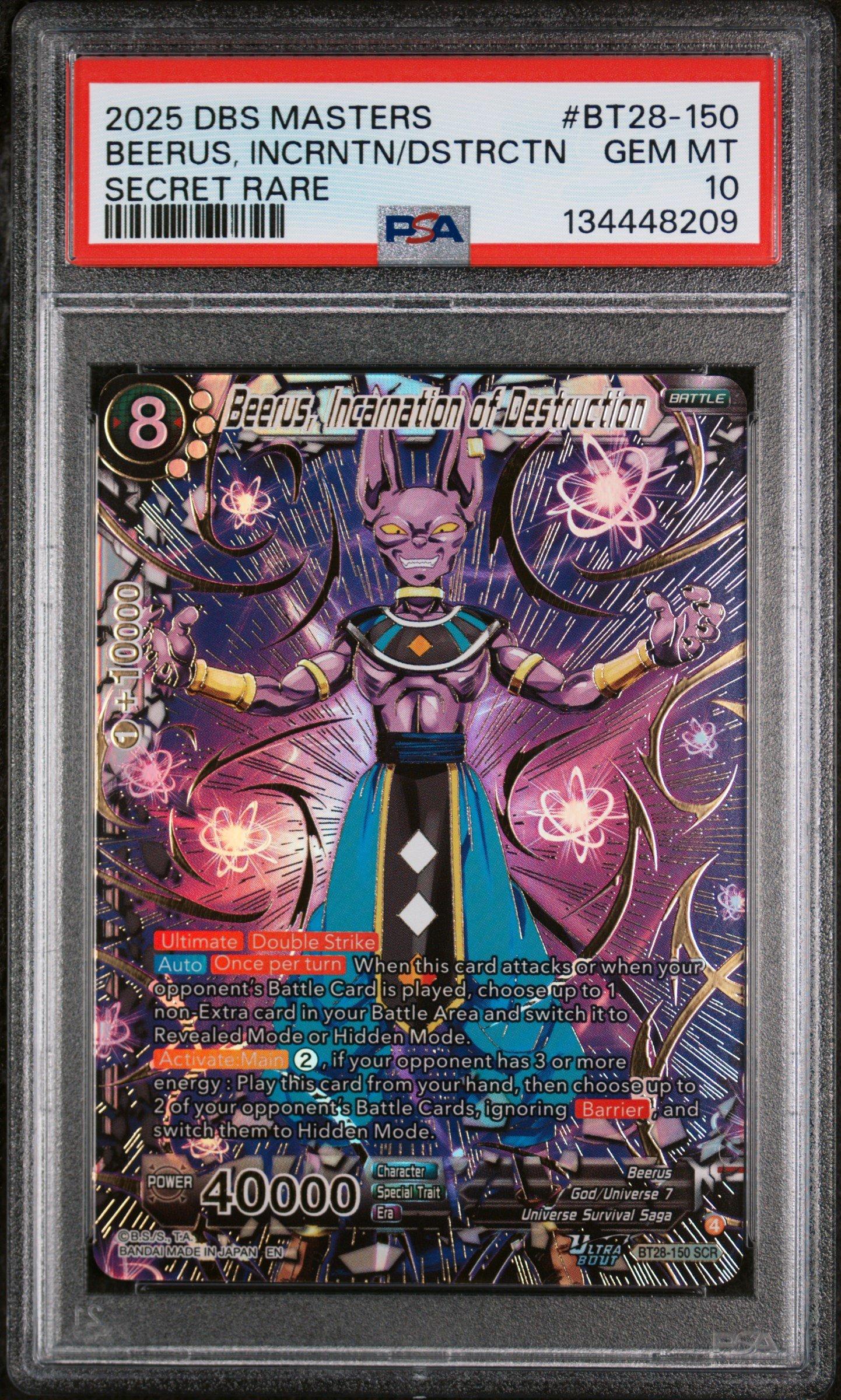 2025 Dragon Ball Super Card Game Masters Series 28 Prismatic Clash Bt28-150 Beerus, Incarnation Of Destruction Secret Rare PSA 10