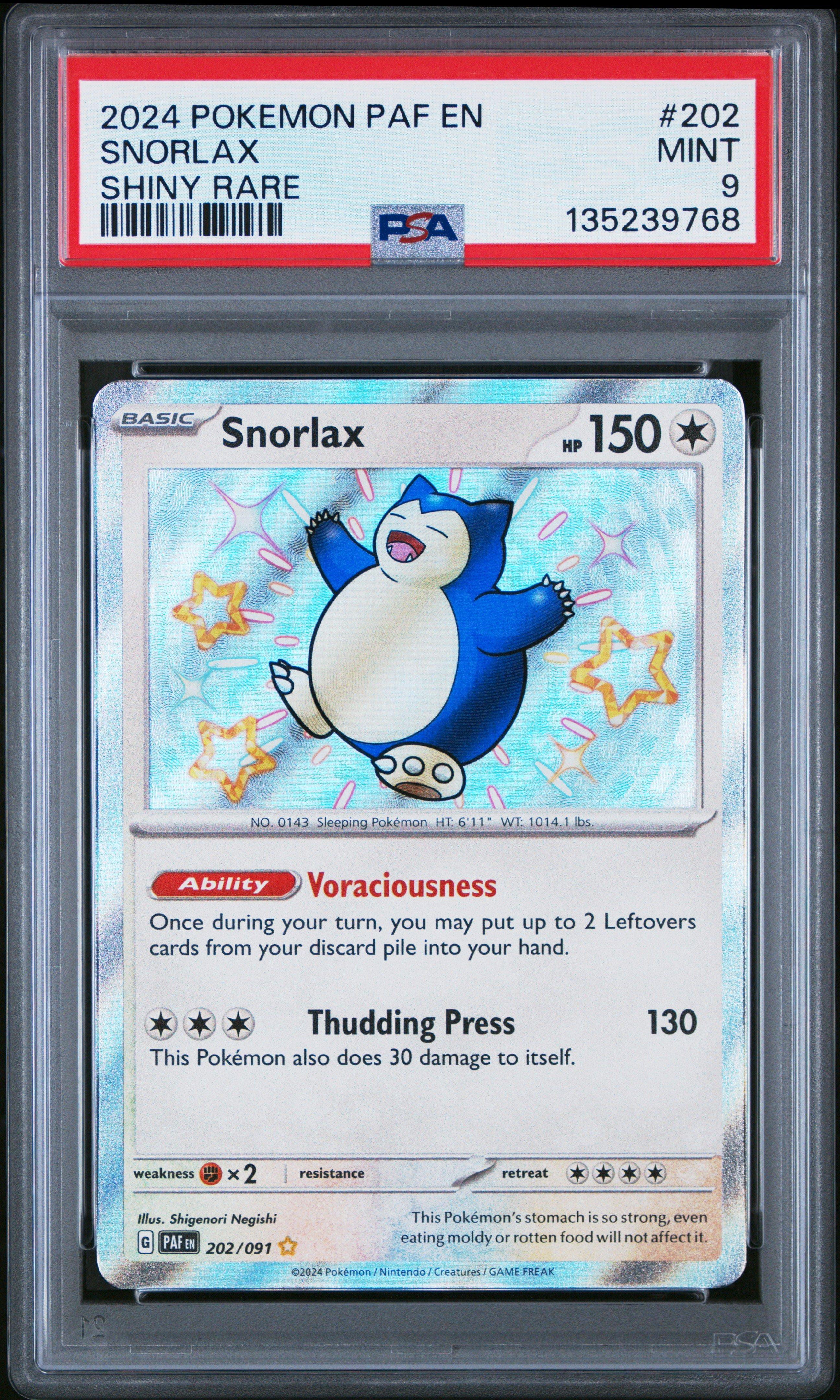 2024 Pokemon Paf En-paldean Fates 202 Snorlax Shiny Rare PSA 9