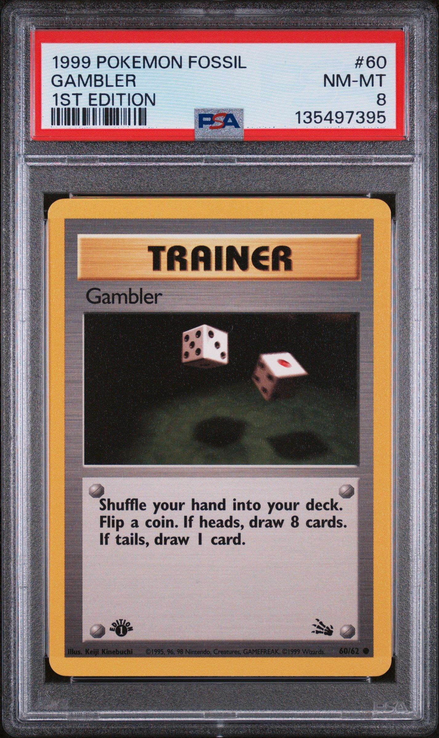 1999 Pokemon Fossil 60 Gambler 1st Edition PSA 8 Graded Card