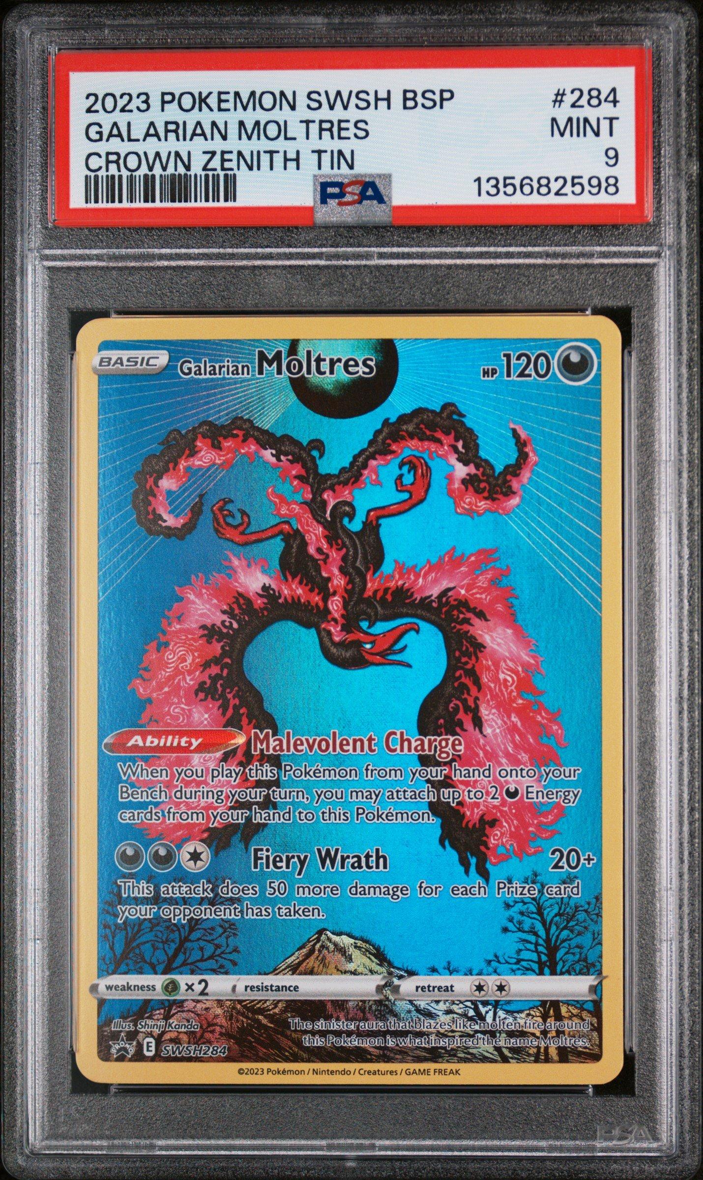 2023 Pokemon Swsh Black Star Promo 284 Galarian Moltres Crown Zenith Tin PSA 9