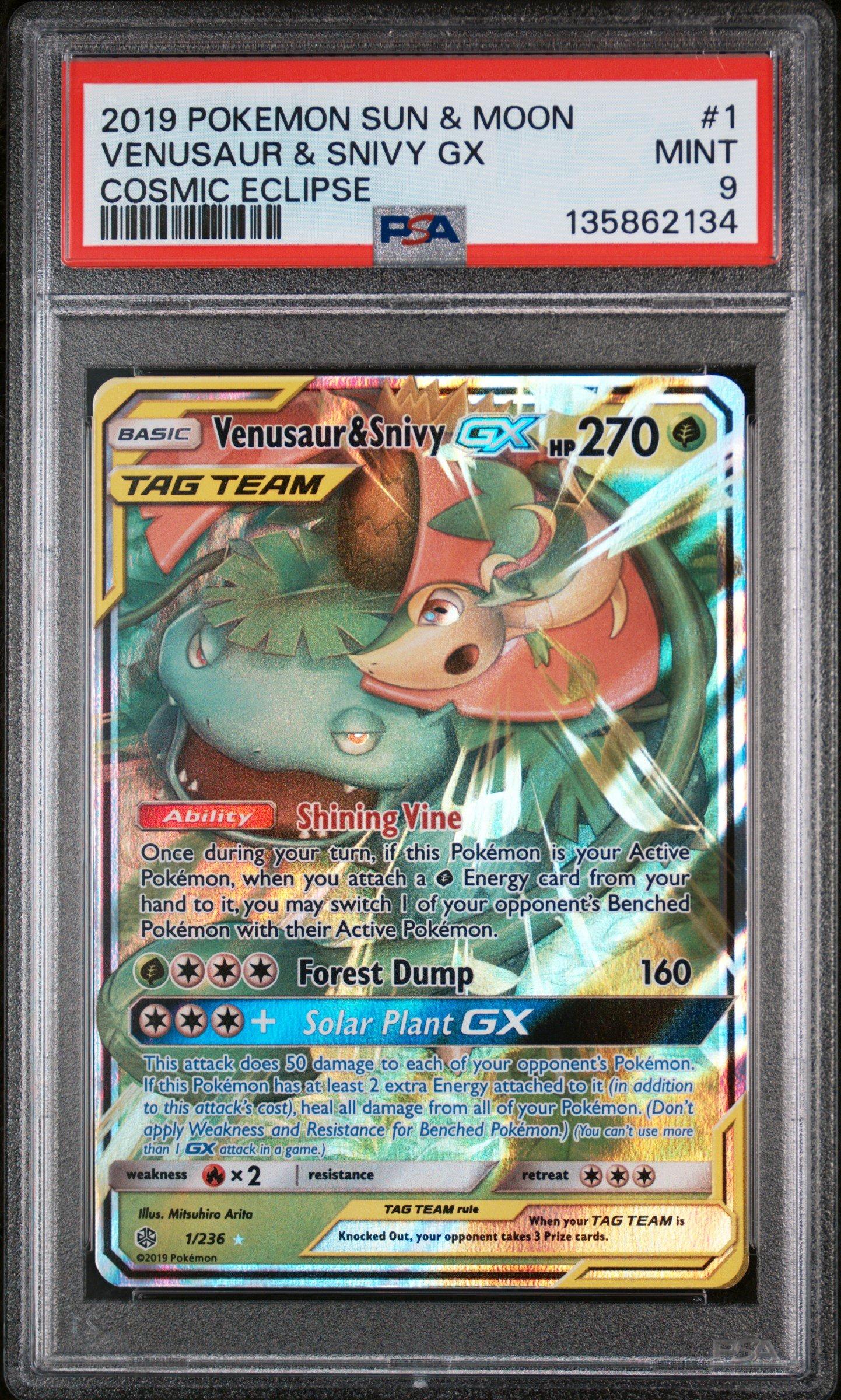 2019 Pokemon Sun & Moon Cosmic Eclipse 1 Venusaur & Snivy Gx PSA 9