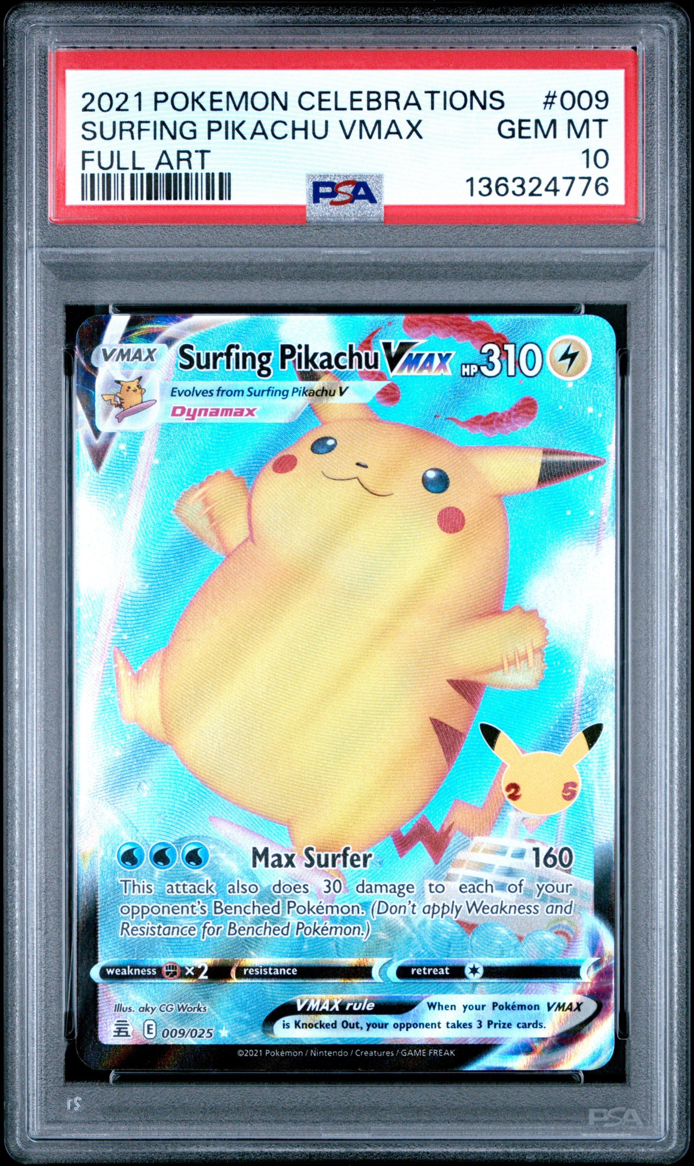 2021 Pokemon Celebrations 009 Full Art/surfing Pikachu Vmax PSA 10