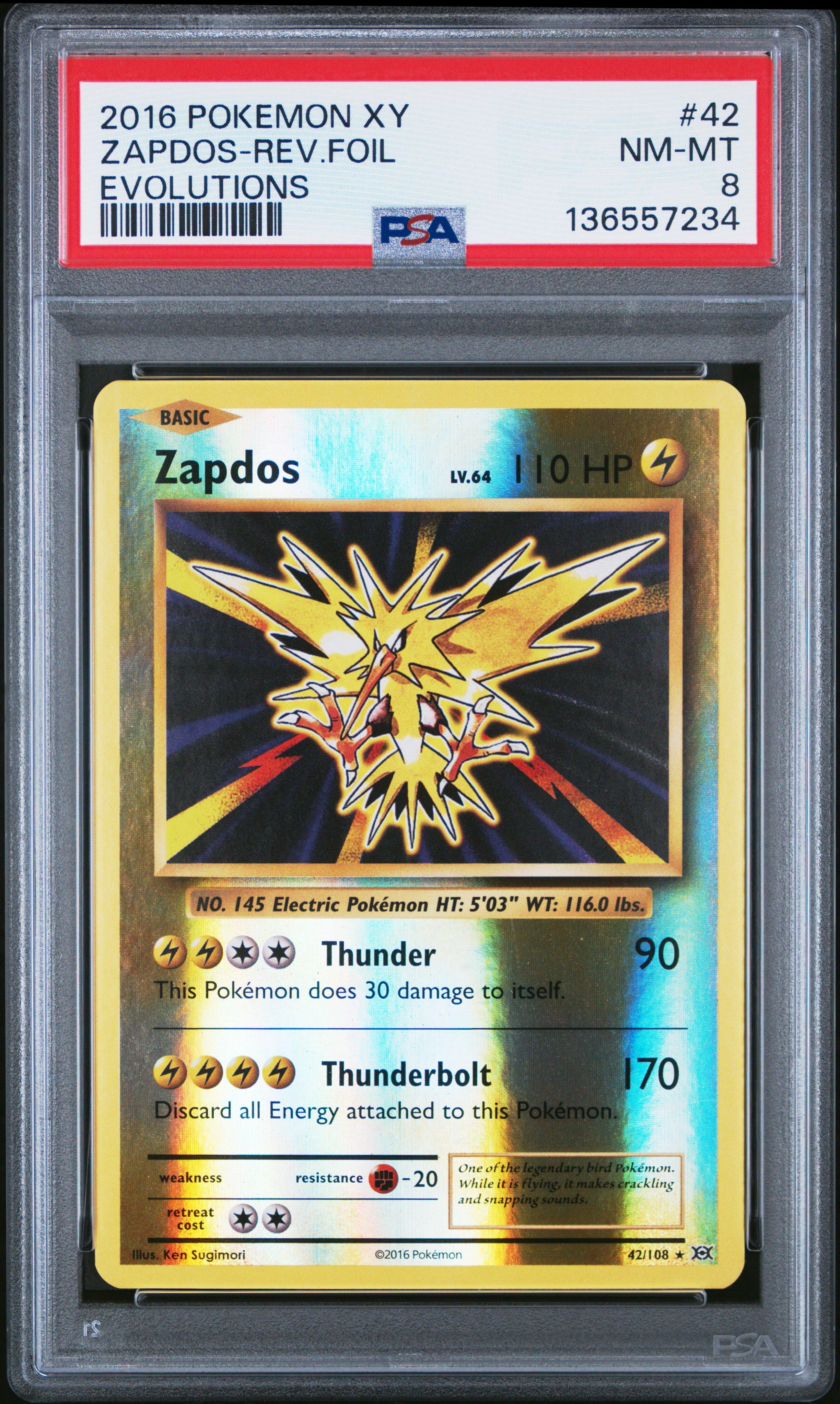 2016 Pokemon Xy Evolutions 42 Zapdos-reverse Foil PSA 8 Graded