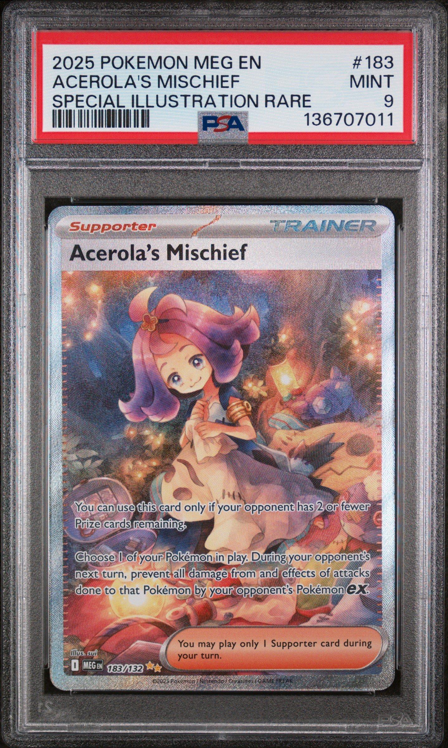 acerola pokemon card full art 2025 Meg En-mega Evolution 183 Acerola's Mischief Special Illustration Rare PSA 9 Graded Your opponent reveals their hand 2025 POKEMON JAPANESE M1S-MEGA SYMPHONIA