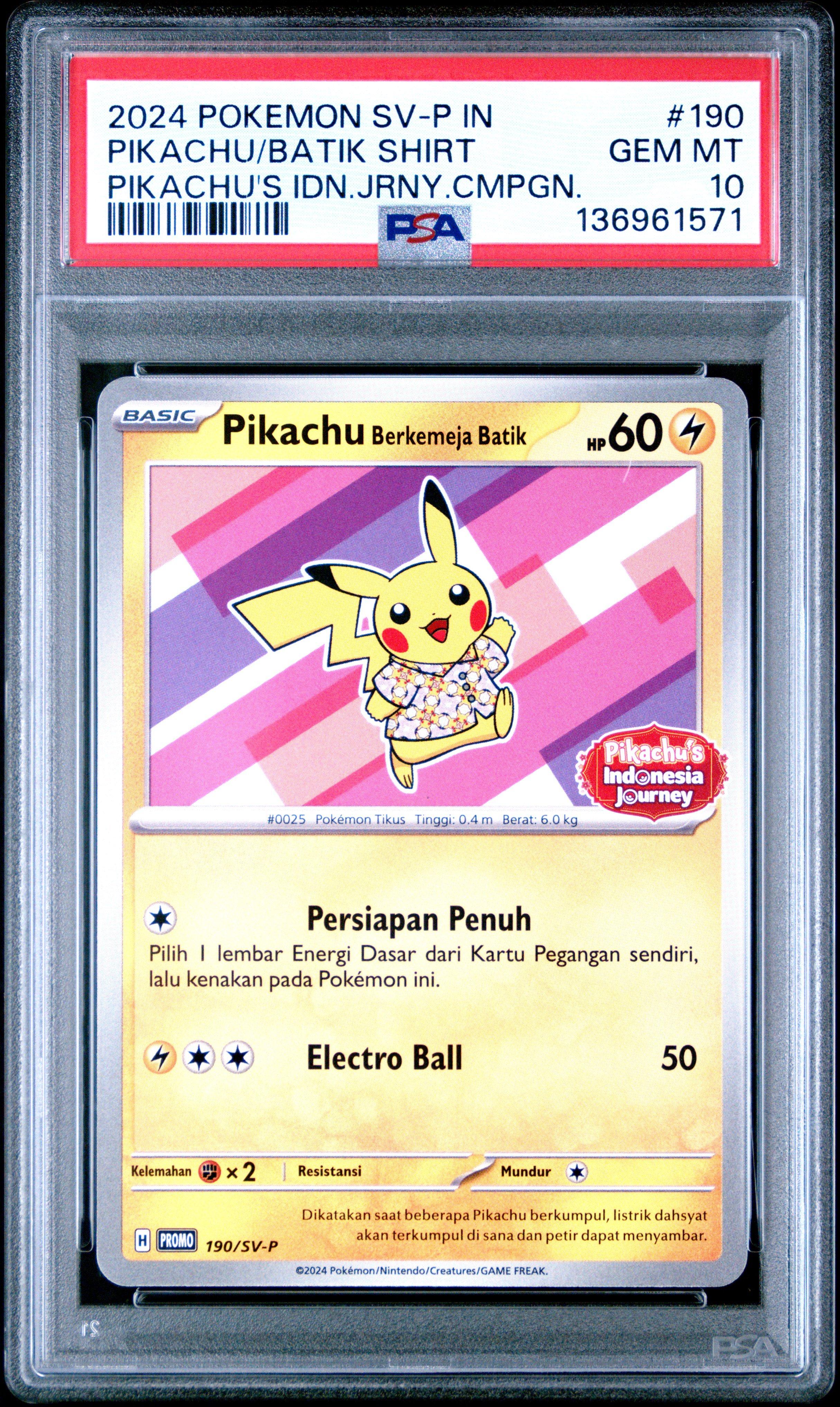 PSA10 Pikachu/Batik #190 バティックシャツピカチュウ 2024 Pokemon Indonesian Sv-p Promo 190 Pikachu In Batik Shirt
