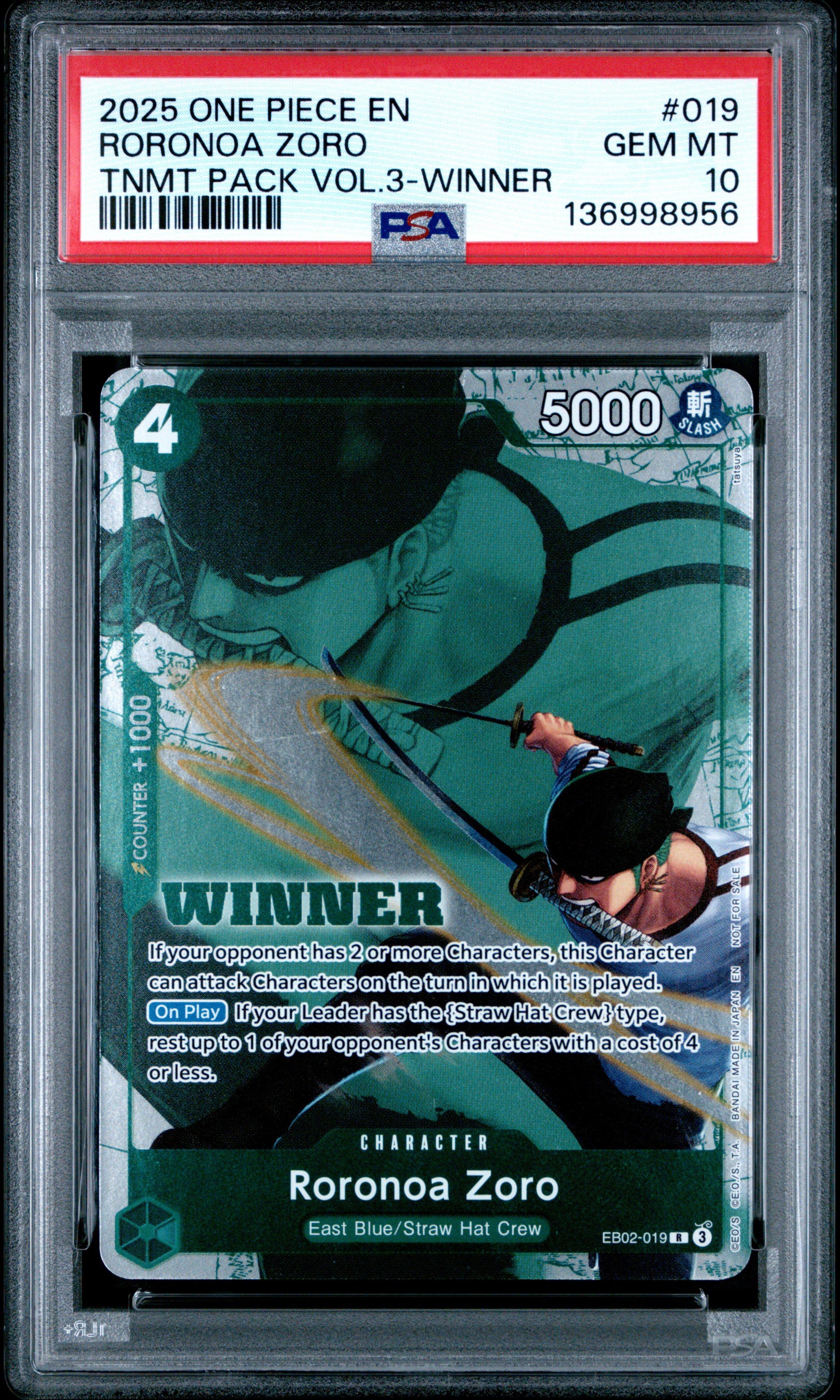 2025 One Piece Tournament Pack Vol.3 019 Roronoa Zoro Winner PSA