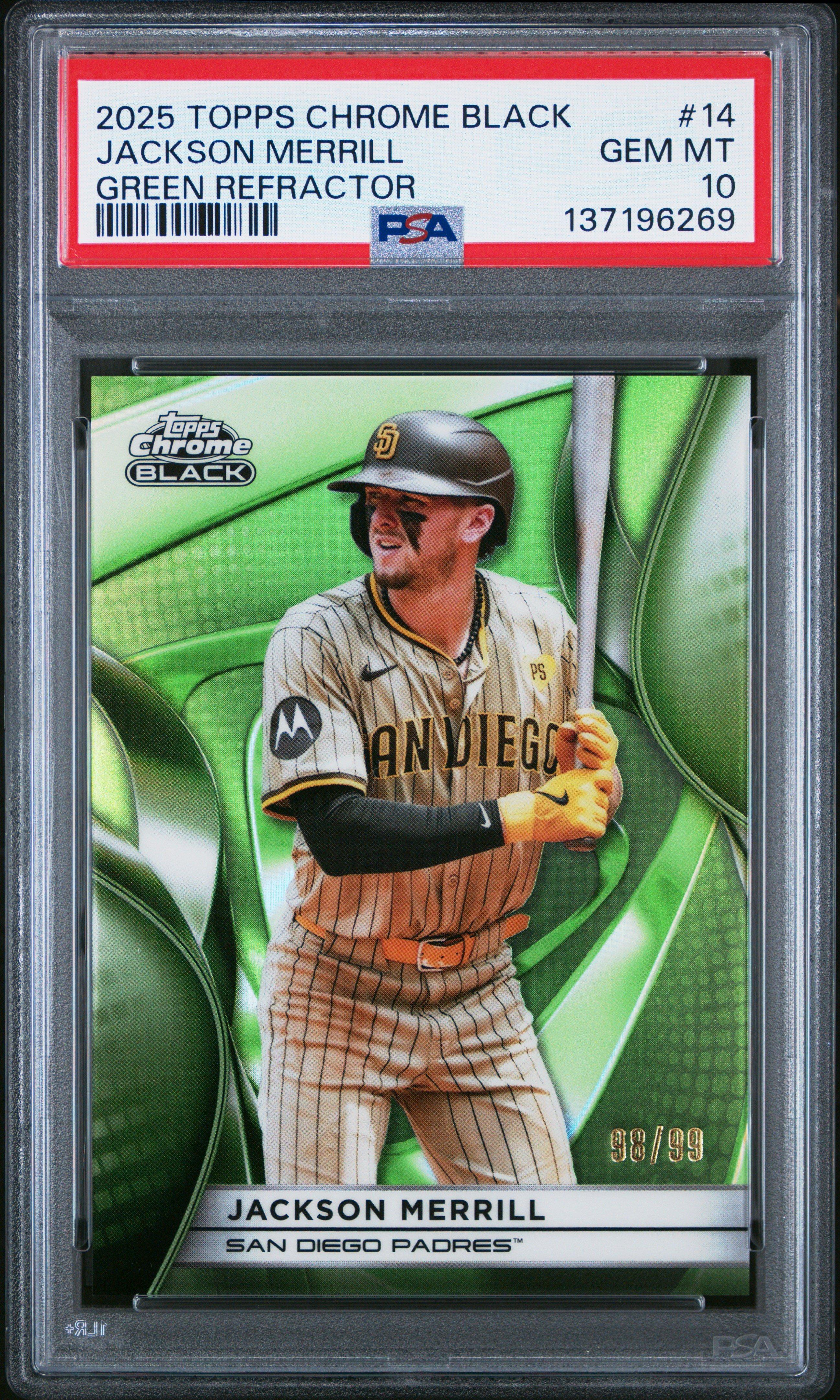 2025 Topps Chrome Black 14 Jackson Merrill Green Refractor PSA 10