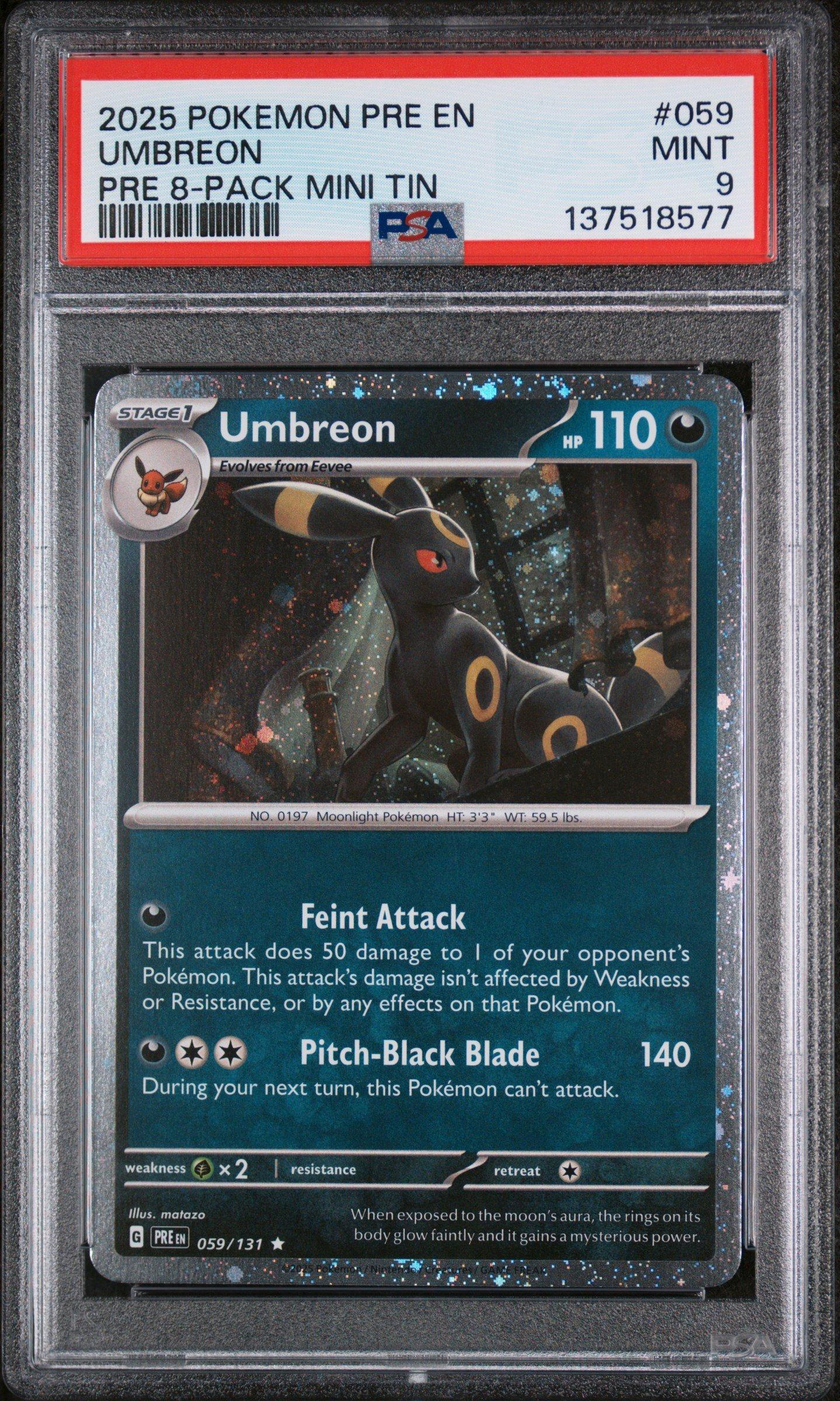 2025 Pokemon Pre En-prismatic Evolutions 059 Umbreon Prismatic Evolutions 8-pack Mini Tin PSA 9