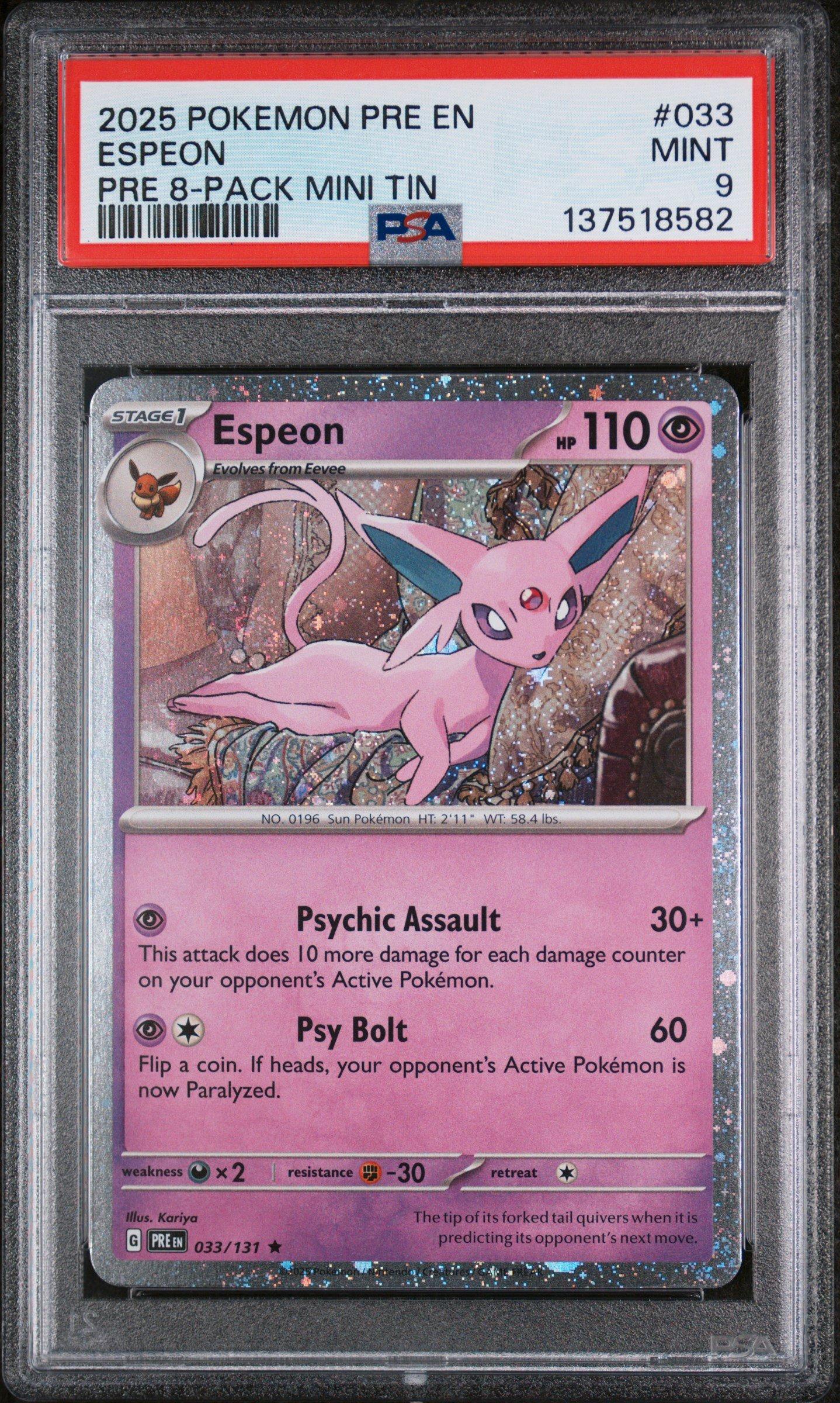 2025 Pokemon Pre En-prismatic Evolutions 033 Espeon Prismatic Evolutions 8-pack Mini Tin PSA 9