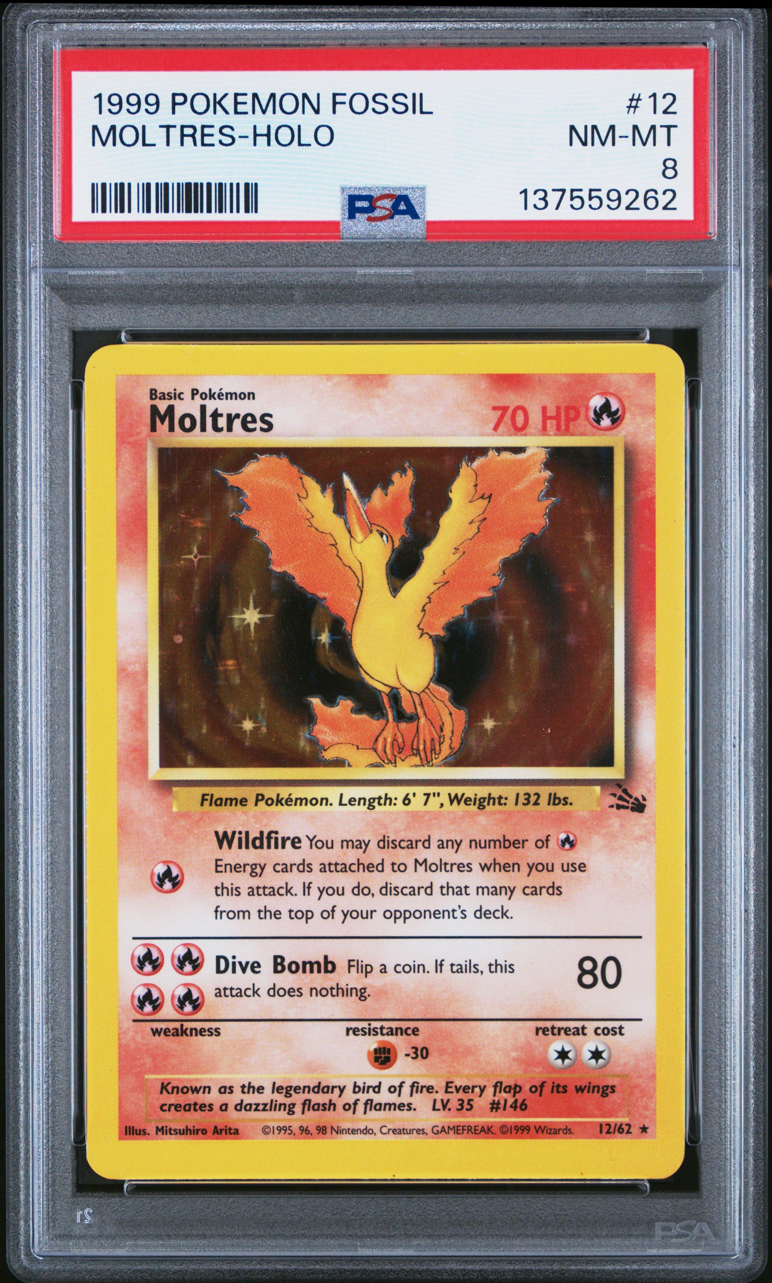 1999 Pokemon Fossil 12 Moltres-holo PSA 8