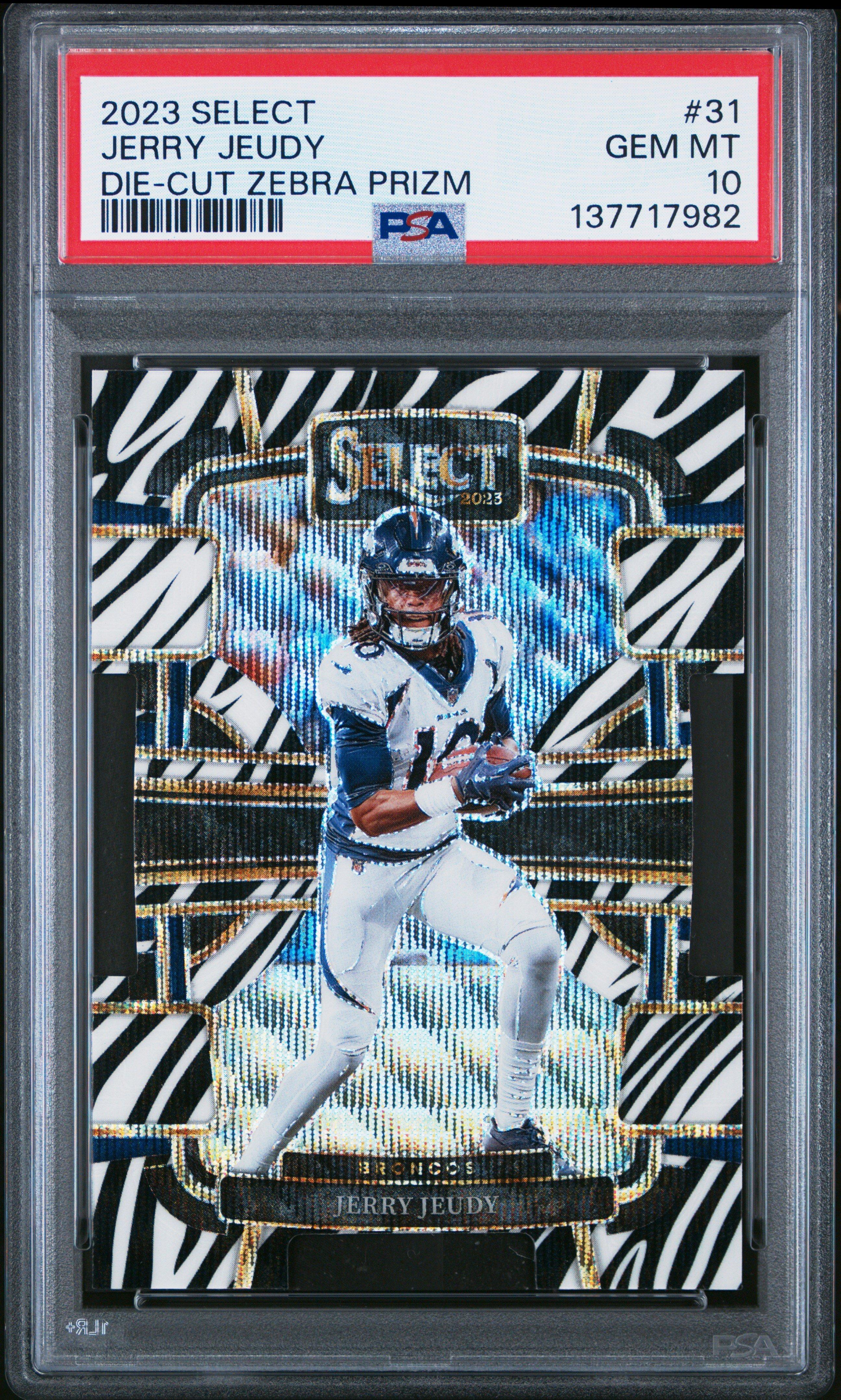 2023 Panini Select 31 Jerry Jeudy Die-cut Zebra Prizm PSA 10