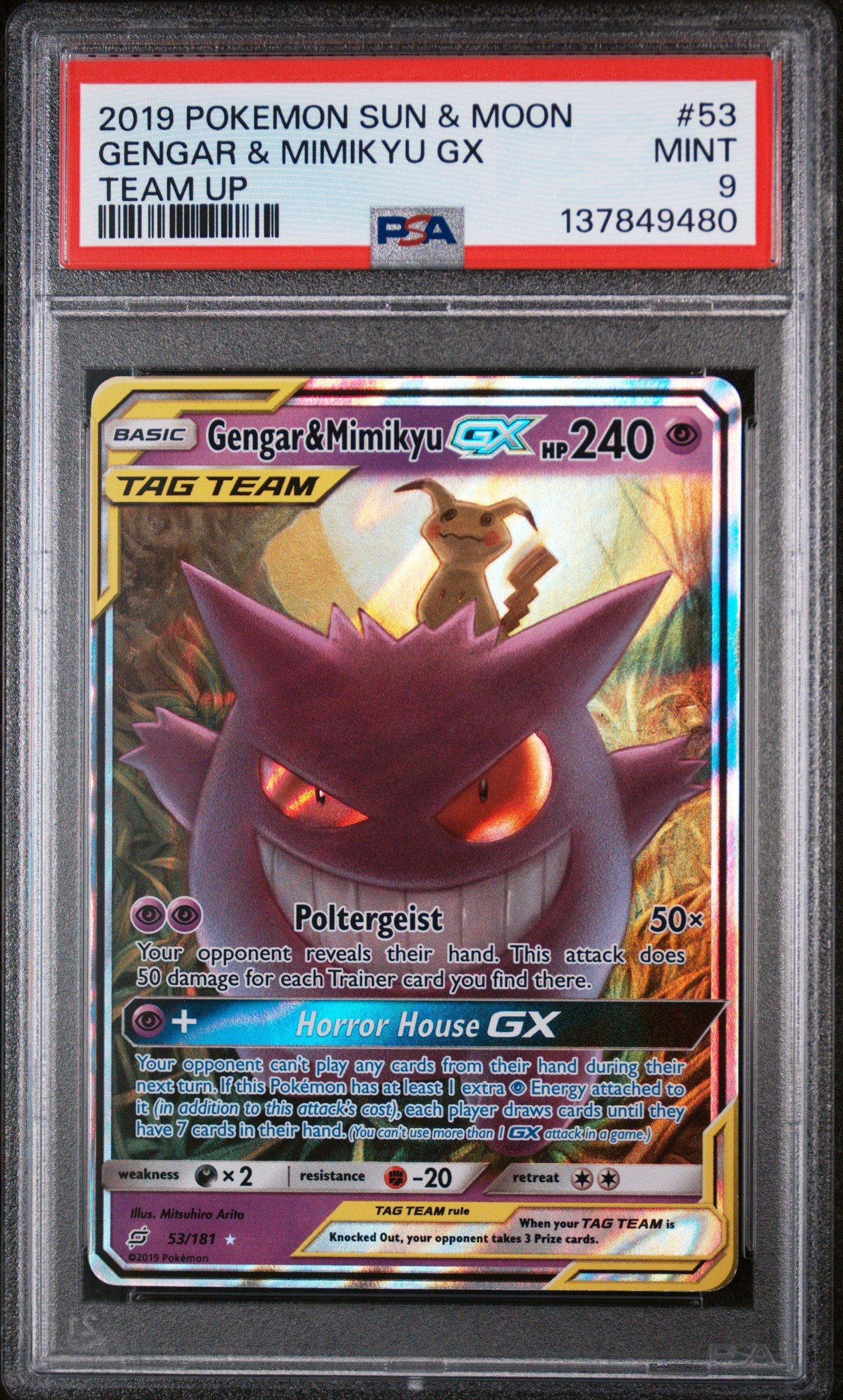 2019 Pokemon Sun & Moon Team Up 53 Gengar & Mimikyu Gx PSA 9