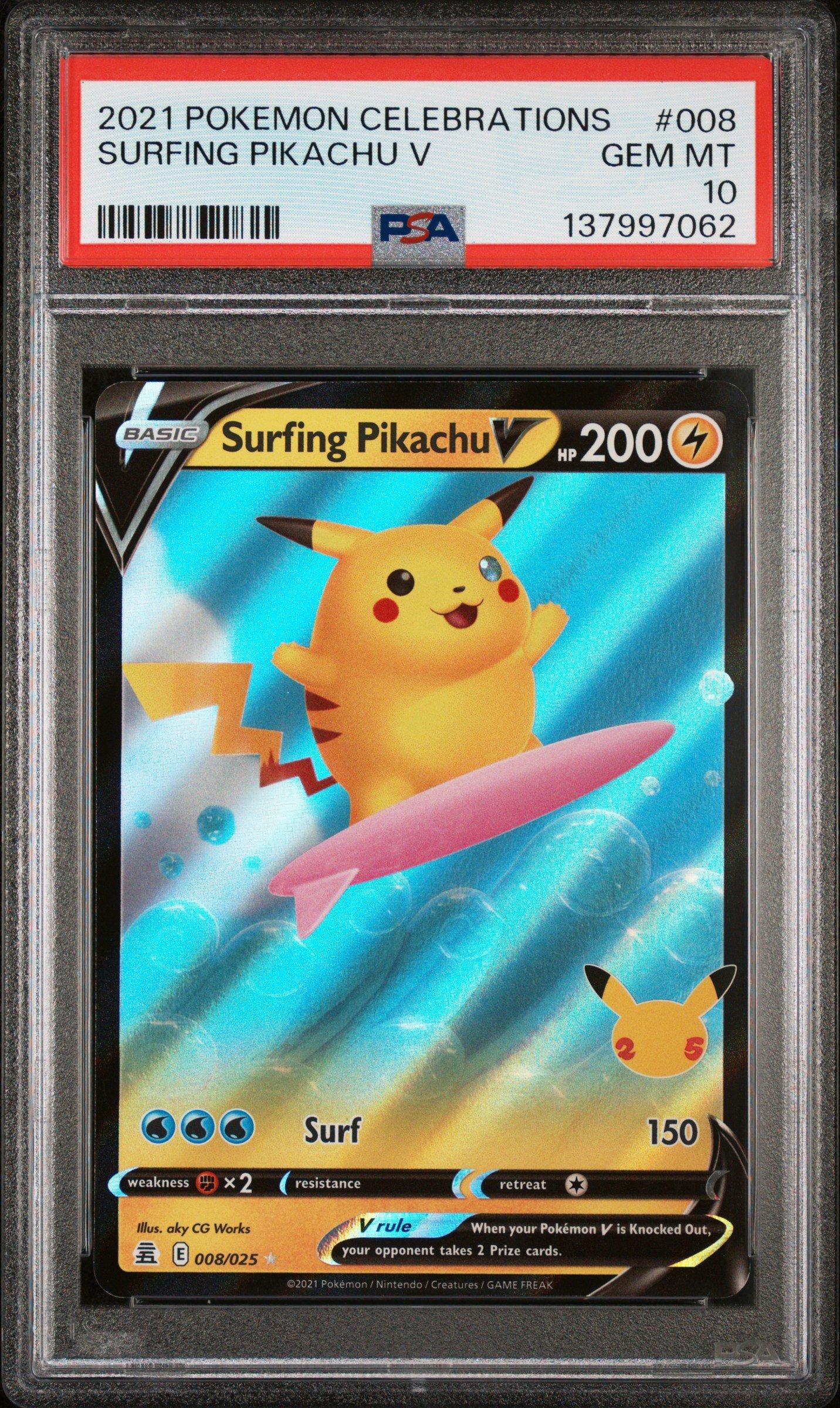 2021 Pokemon Celebrations 008 Surfing Pikachu V PSA 10 Graded Card