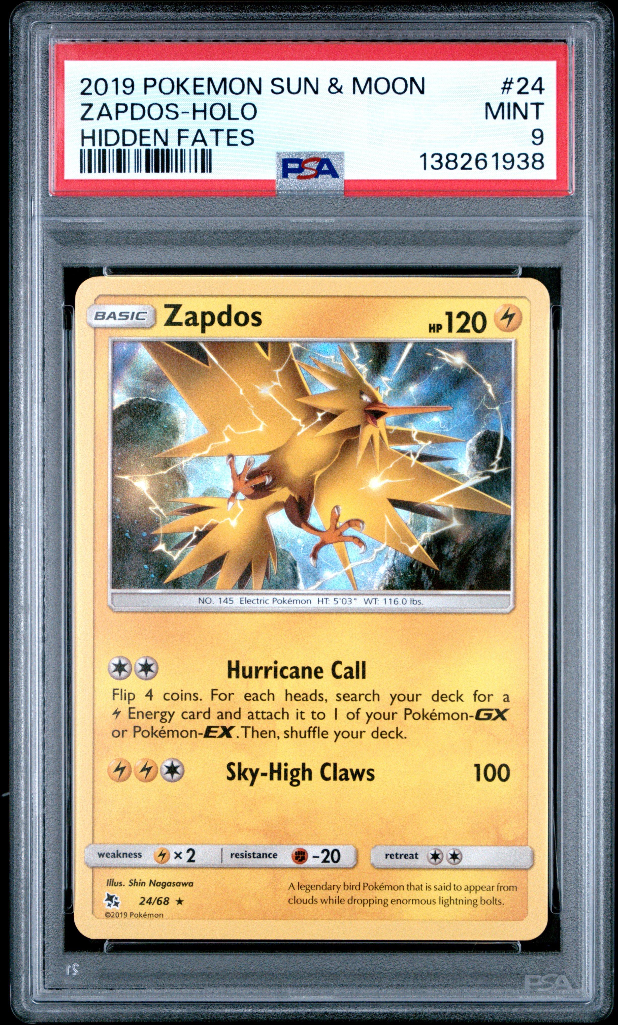 2019 Pokemon Sun & Moon Hidden Fates 24 Zapdos-holo PSA 9