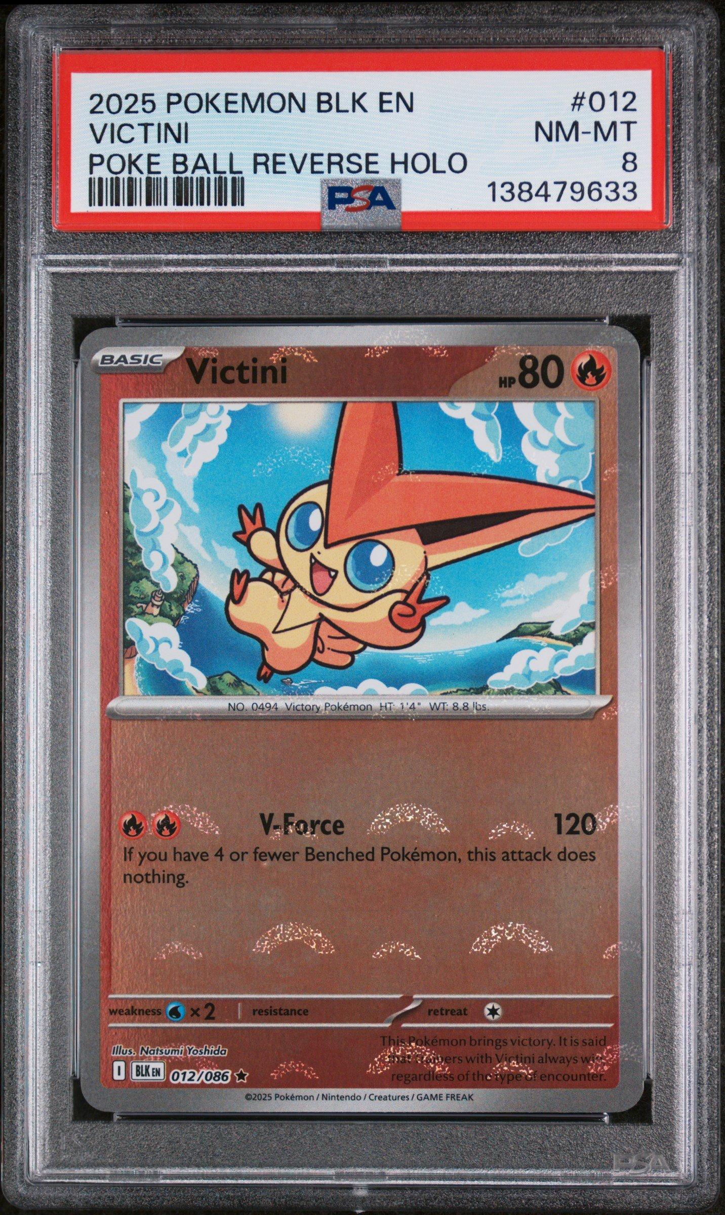 victini pokemon card holographic 2025 Pokemon Blk En-black Bolt 012 Victini Poke Ball Reverse Holo PSA 8  Graded Card