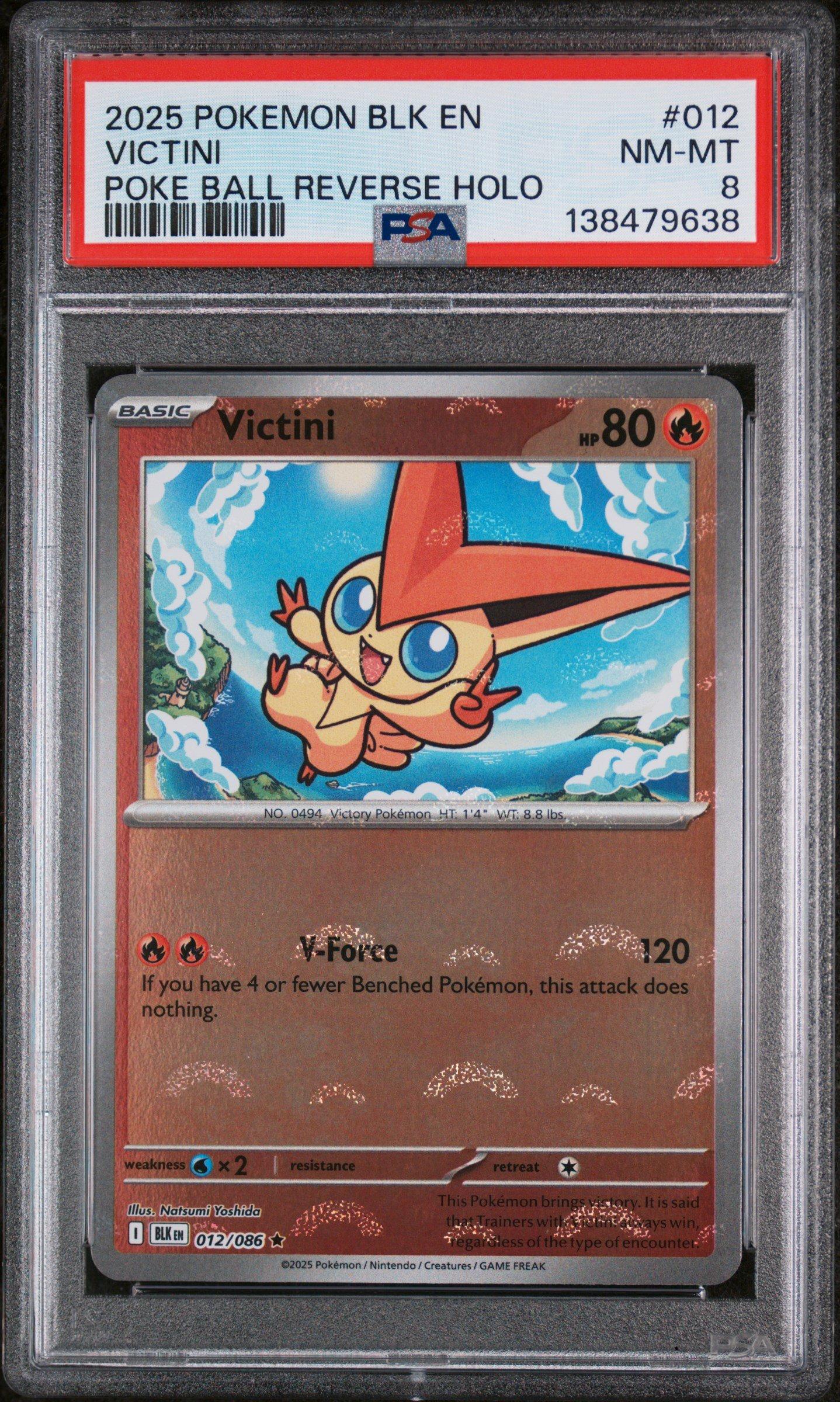 victini holographic card 2025 Pokemon Blk En-black Bolt 012 Victini Poke Ball Reverse Holo PSA 8