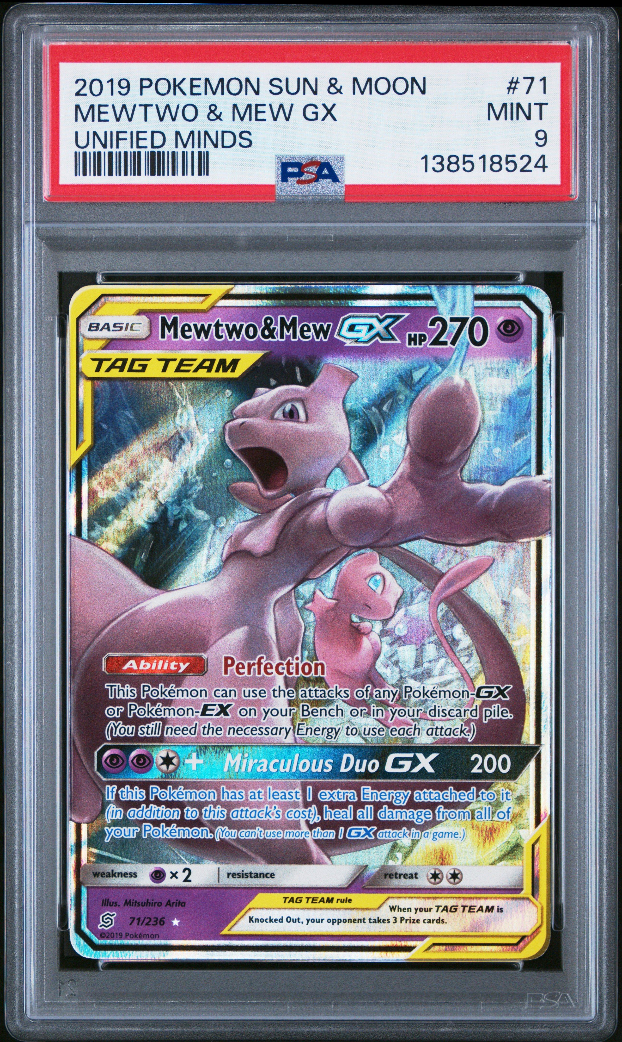 2019 Pokemon Sun & Moon Unified Minds 71 Mewtwo & Mew Gx PSA 9