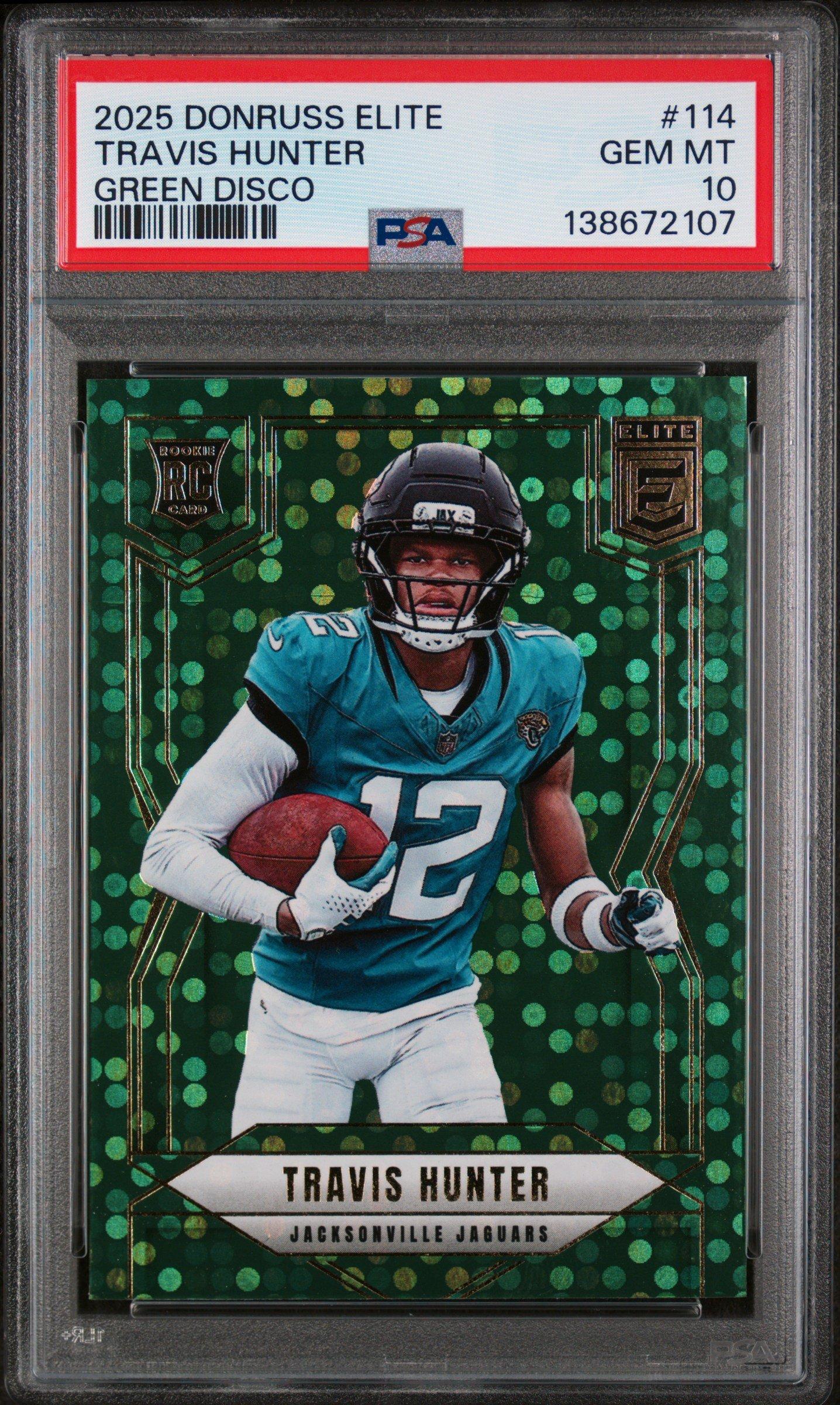 2025 Panini Donruss Elite 114 Travis Hunter Green Disco PSA 10