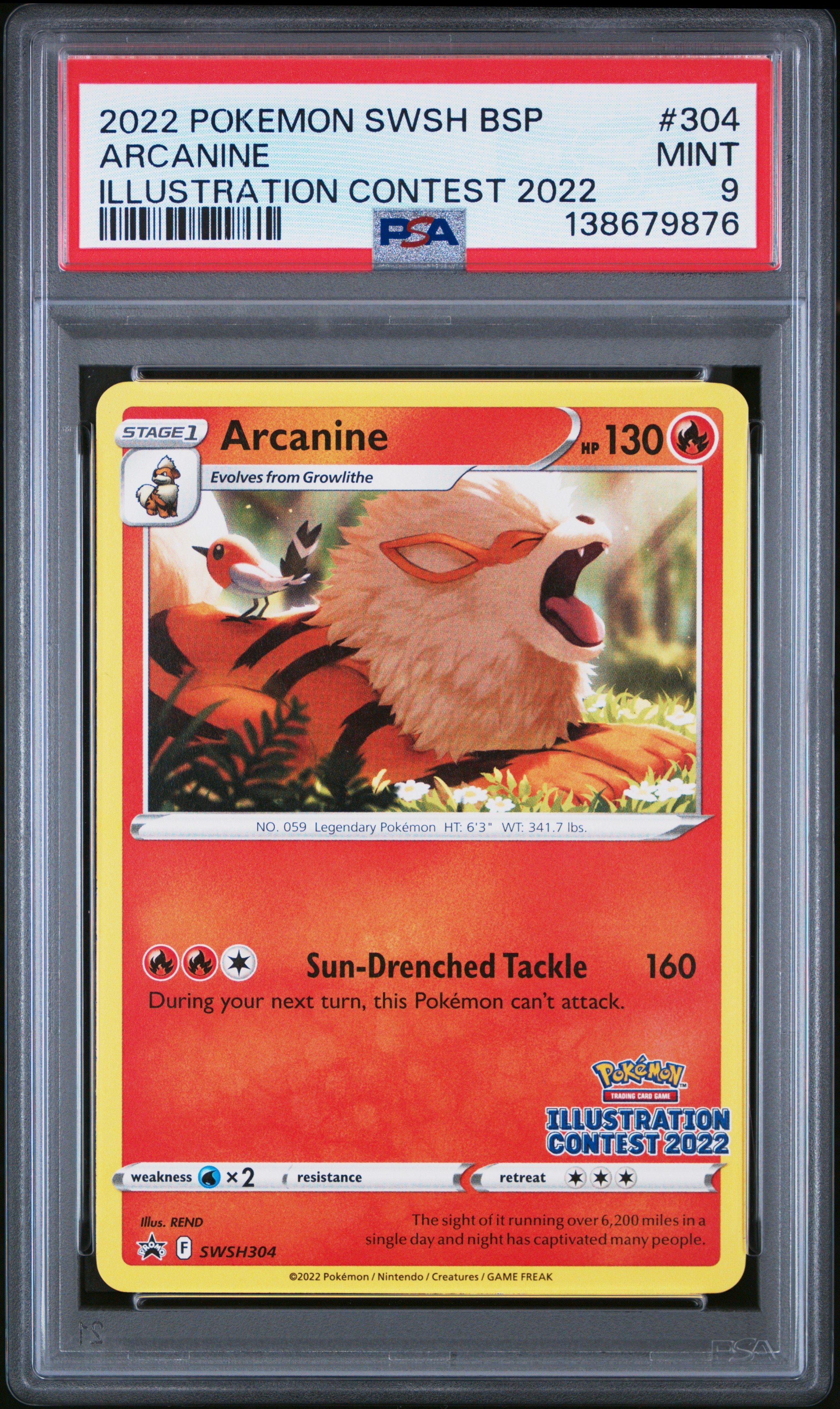 2022 Pokemon Swsh Black Star Promo 304 Arcanine Illustration Contest 2022 PSA 9